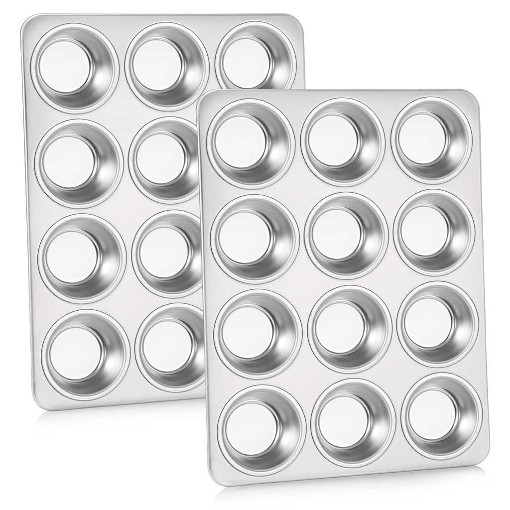 Muffin Pan Cupcake Baking Pan Set of 2, P&P CHEF 12 Cups Muffin Tin Tray, Stainless Steel Muffin Pans for Baking Mini Cake Tart Quiche, Oven & Dishwasher Safe, Non-Toxic & Heavy-Duty