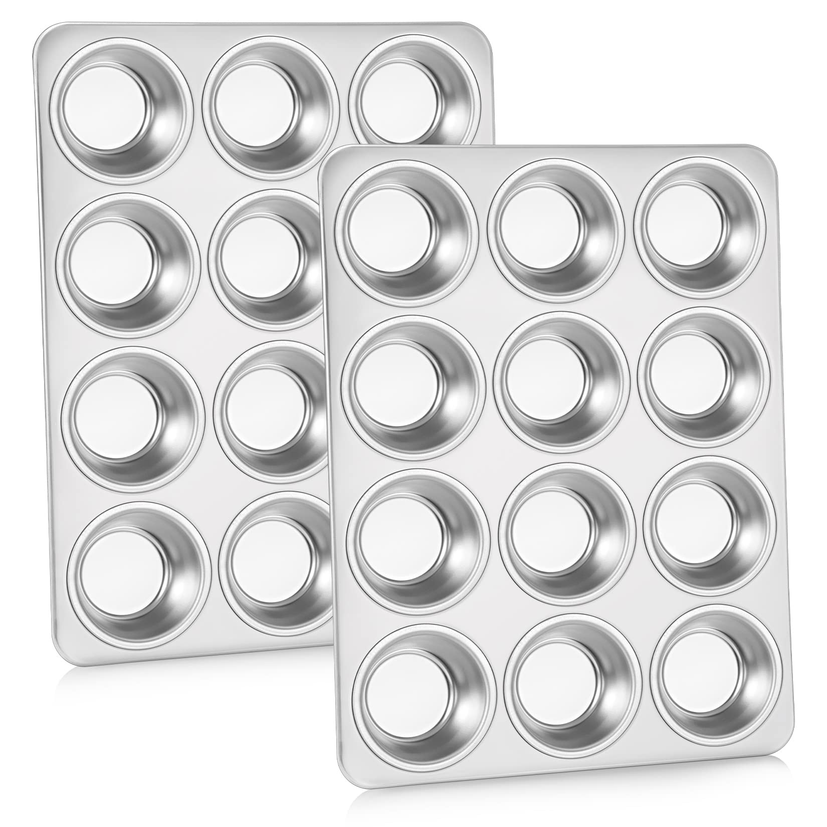 Muffin Pan Cupcake Baking Pan Set of 2, P&P CHEF 12 Cups Muffin Tin Tray, Stainless Steel Muffin Pans for Baking Mini Cake Tart Quiche, Oven & Dishwasher Safe, Non-Toxic & Heavy-Duty