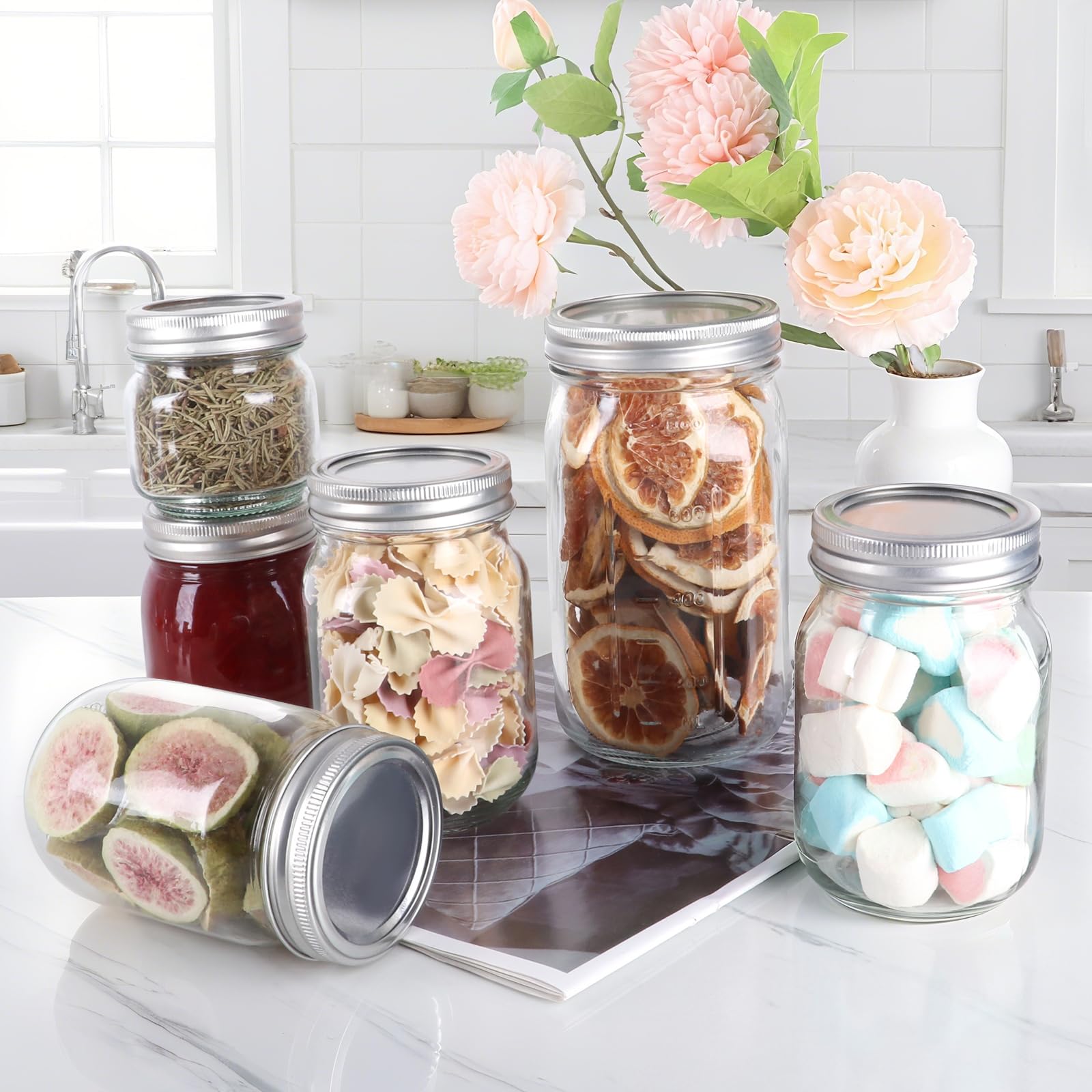 Jinaneil 6 Pack 12 oz Regular Mouth Mason Jars with Silver Lids and Bands, Bonus 6 One-Piece Lids -Glass Canning Jars for Pickling, Canning, Meal Prep