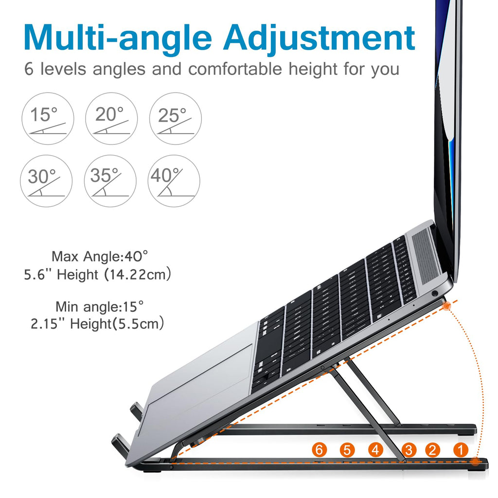 ivoler Laptop Stand, Laptop Holder Riser Computer Tablet Stand, 6 Angles Adjustable Aluminum Ergonomic Foldable Portable Desktop Holder Compatible with 10-15.6” MacBook,iPad, HP, Dell, Lenovo Black