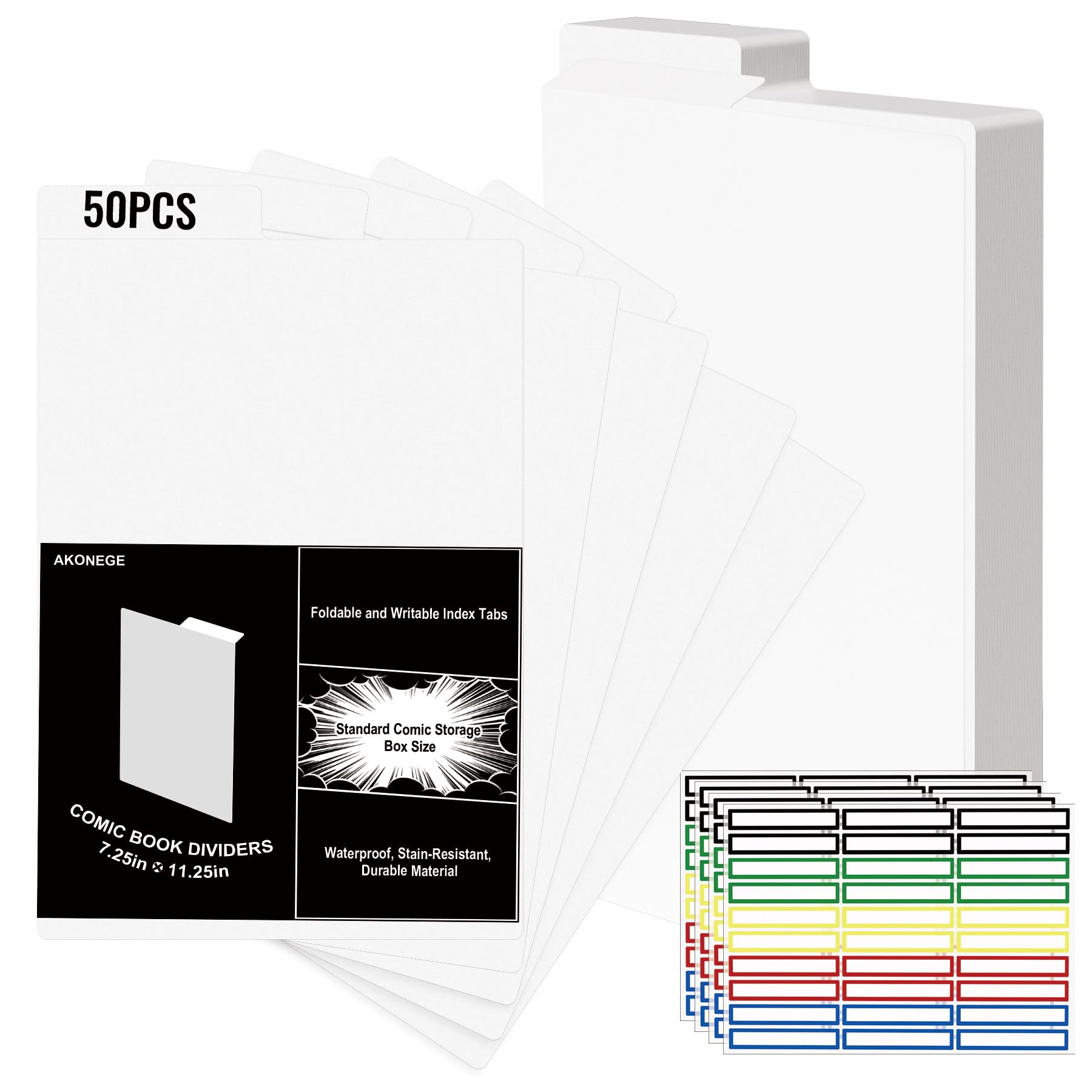 AKONEGE 50 Pack Comic Book Dividers with Tab and 4 Pack Colorful Label Stickers for Comic Book Storage Boxes Bins, 11.25" x 7.25" White Frosted Plastic Dividers Organize Boards for Fabric, Magazine