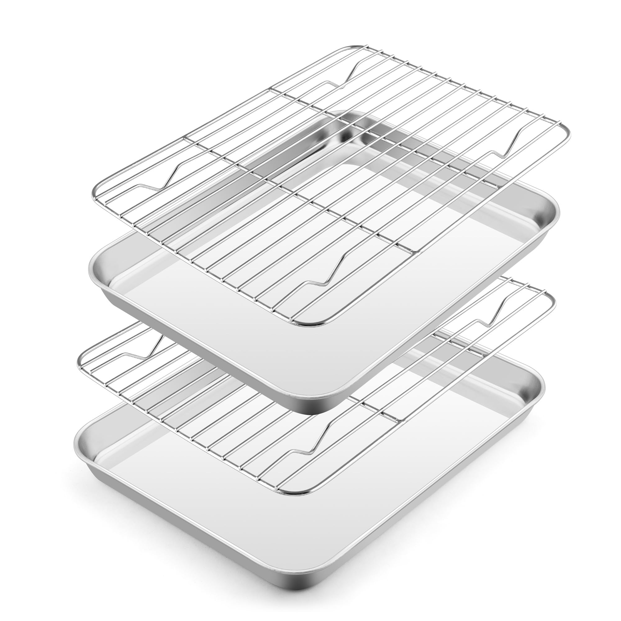 E-far Small Baking Sheet with Wire Rack (2 Pans + 2 Racks), Stainless Steel Cookie Sheets Trays & Cooling Rack for Toaster Oven, Non Toxic & Warp Resistant, Oven & Dishwasher Safe, 10.5 x 8.3 x 1 Inch