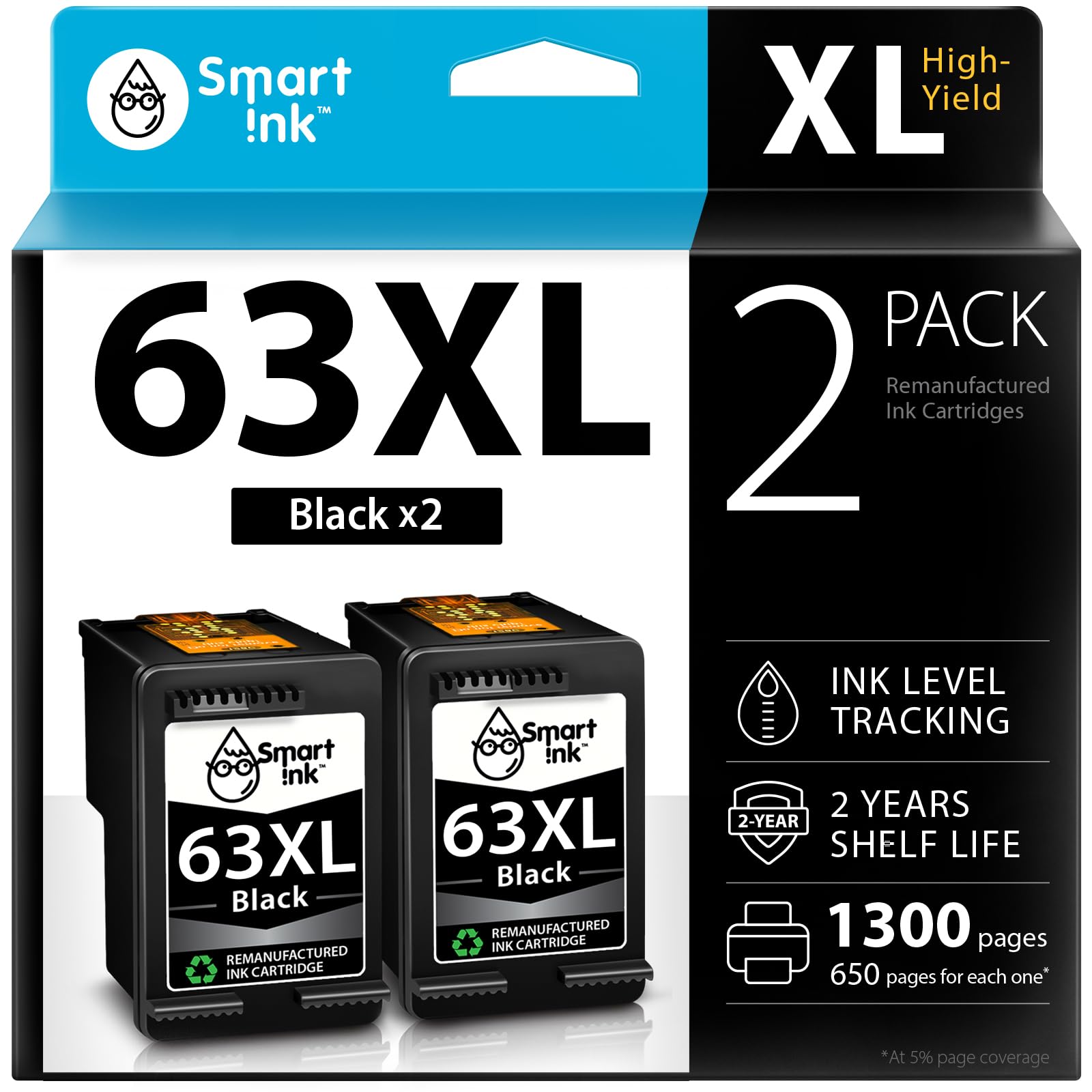 Smart Ink Remanufactured Ink Cartridges Replacement for HP 63 XL 63XL (2 Black Combo Pack) to use with Envy 4520 4522 4516 OfficeJet 3833 3830 4650 3836 5255 5200 DeskJet 3630 3632 3836 3634 Printer