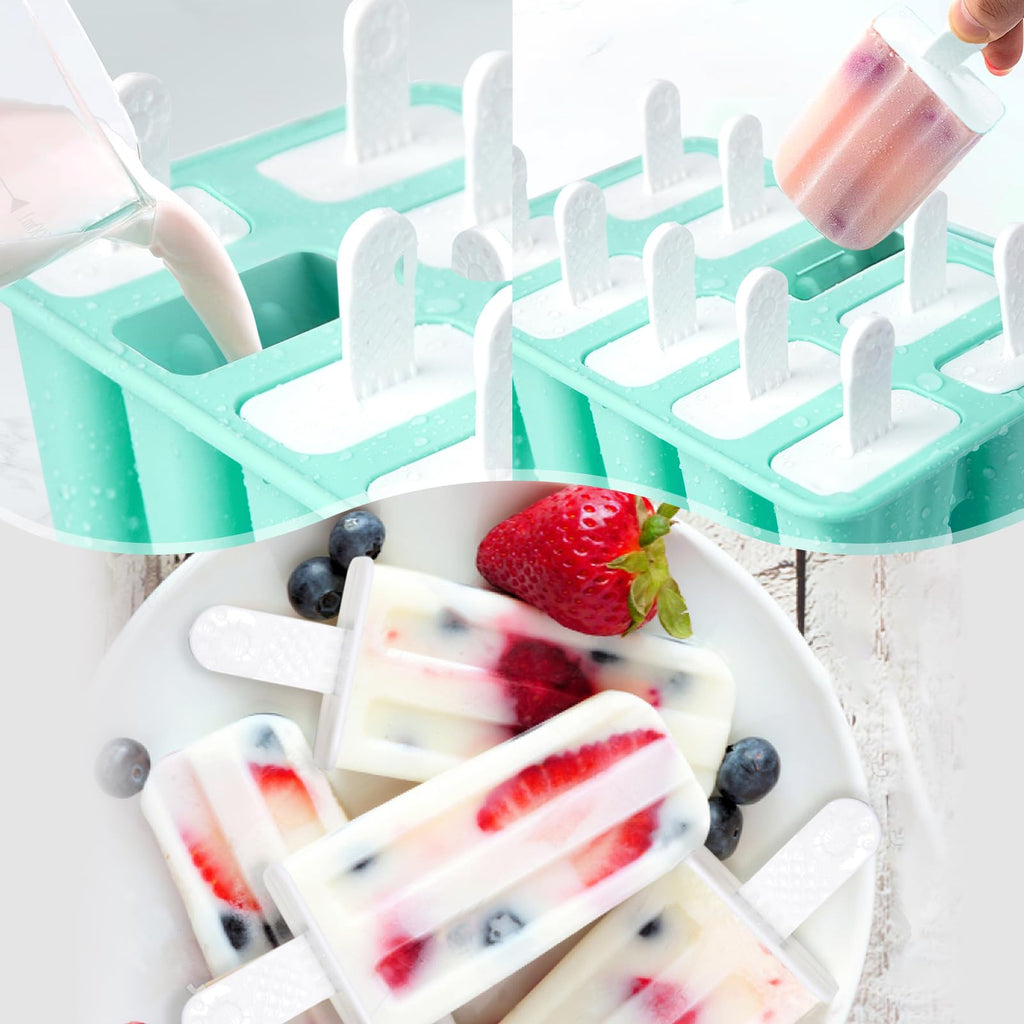 Popsicle Molds 10 Cells, Silicone Ice Cream Mould with Sticks, Non-Stick Ice Lolly Mold with Silicone Funnel and Brush, BPA Free