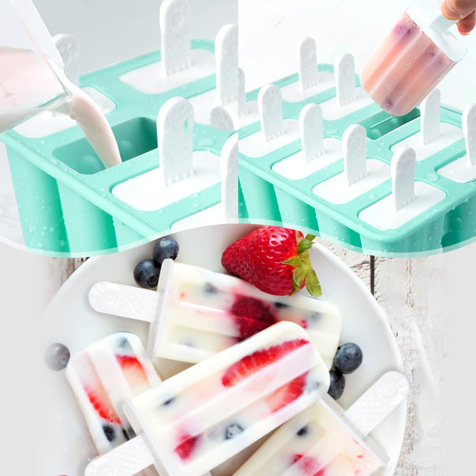 Popsicle Molds 10 Cells, Silicone Ice Cream Mould with Sticks, Non-Stick Ice Lolly Mold with Silicone Funnel and Brush, BPA Free