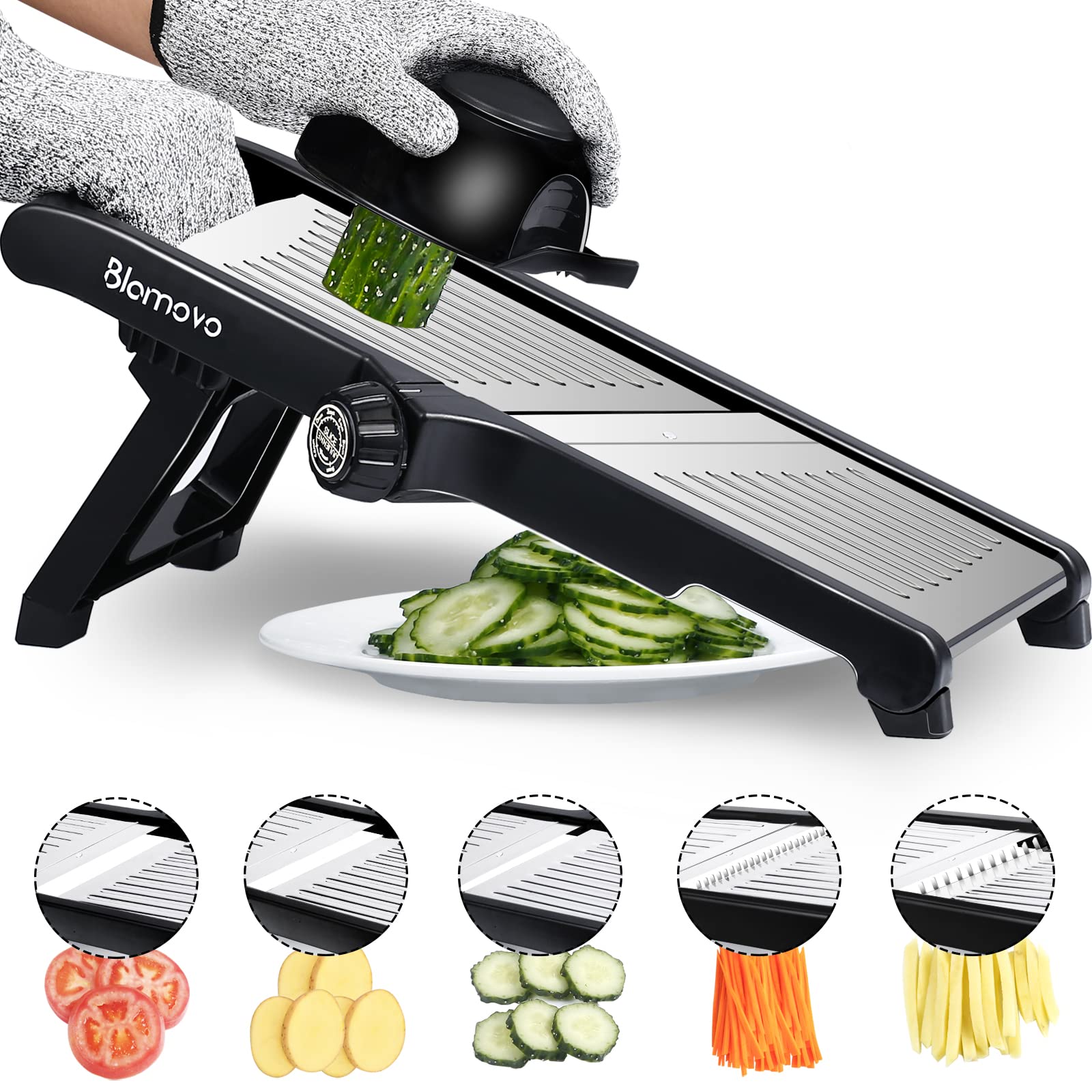 Blamovo Mandoline Slicer for Kitchen, Vegetable Mandolin Slicer with Adjustable Thickness by One-Knob Control, Veggie Fruit Potato Slicer Julienne, with Safety Gloves