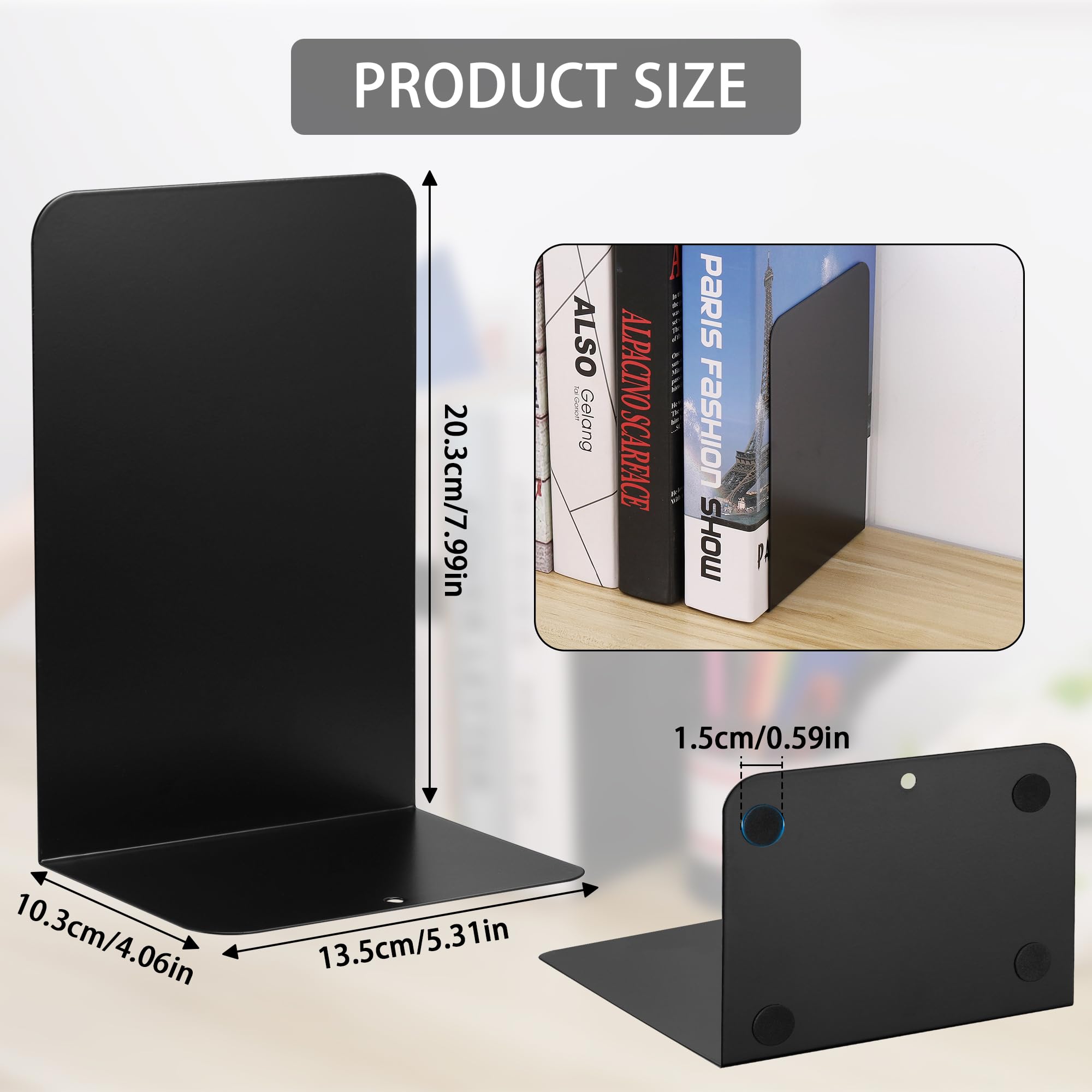 JIANTA Book Ends, Heavy Duty Metal Bookends, 2 Pairs/4 Pieces Book Stopper, Book Ends Support for Shelves, Black Non-Slip Bookshelf Holder Stand for Home, Office, Library, School