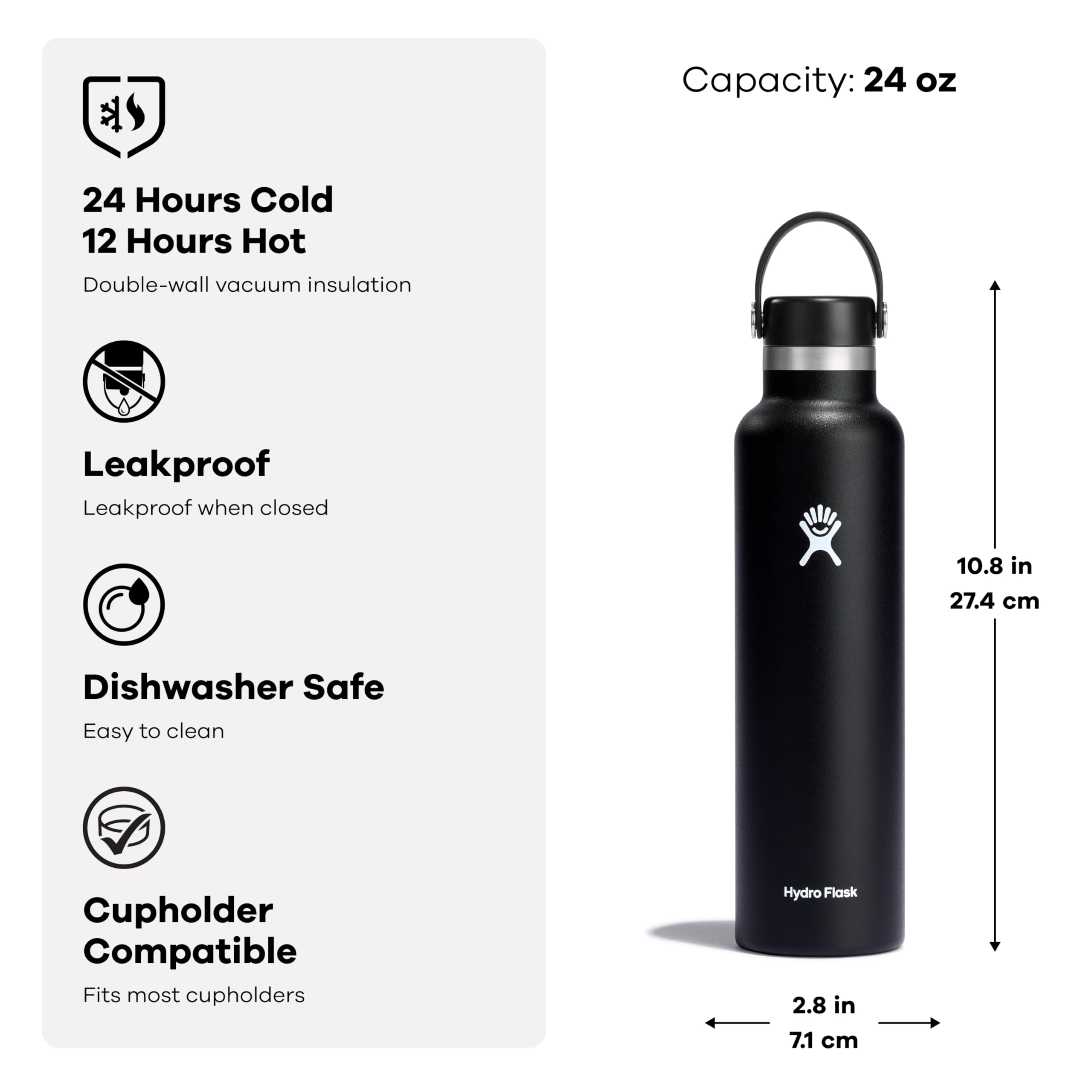 Hydro Flask 24 Oz Stainless Steel Standard Mouth Water Bottle with Flex Cap and Double-Wall Vacuum Insulation, Agave