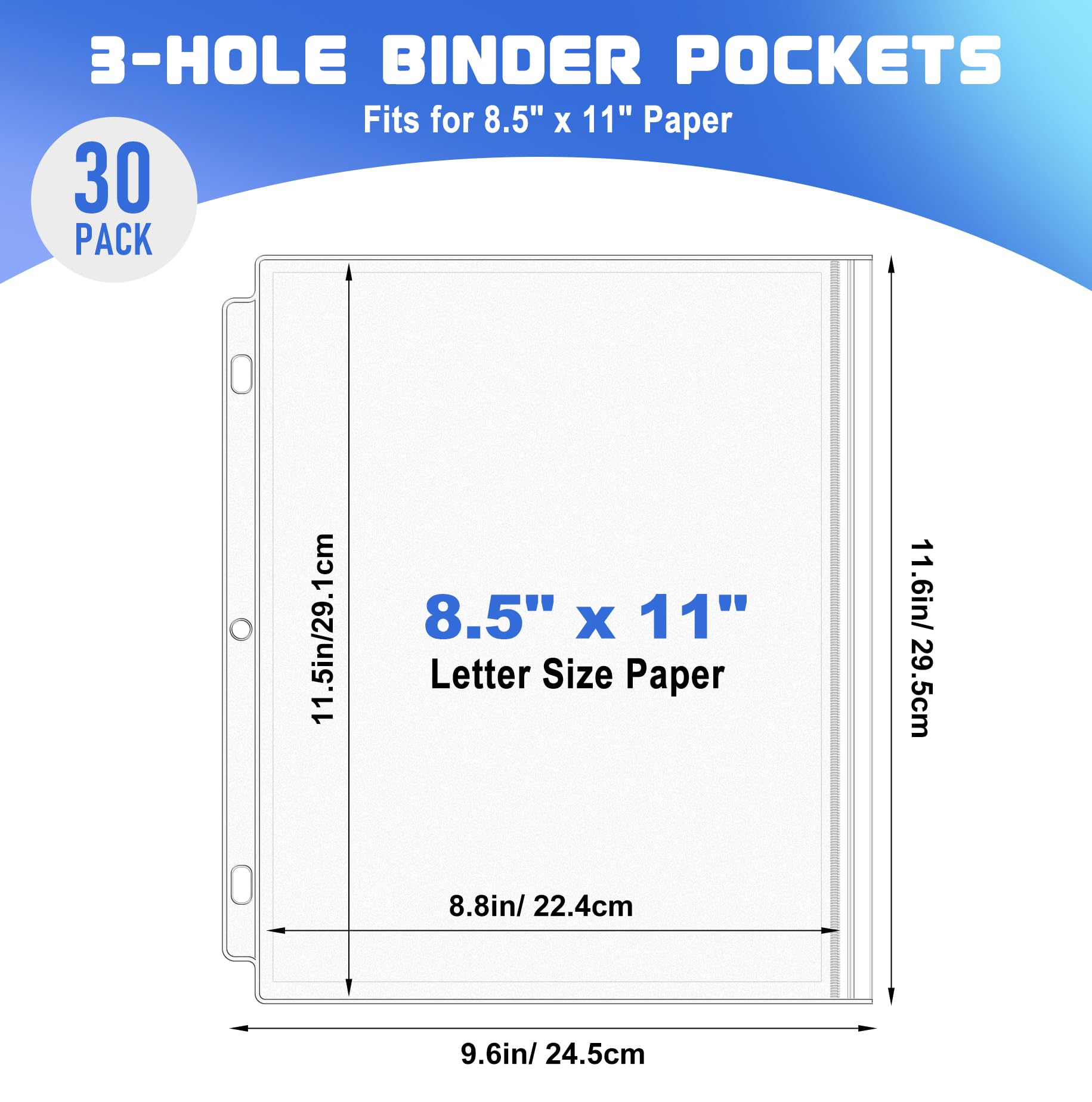 Antner 30 Pack Letter Size Binder Pockets for 3 Ring Binder, Waterproof Resealable Zip Loose Leaf File Bags Document Organizer Folders Insert Page Sleeves PVC 3-Hole Sheet Protectors for 8.5x11 Paper