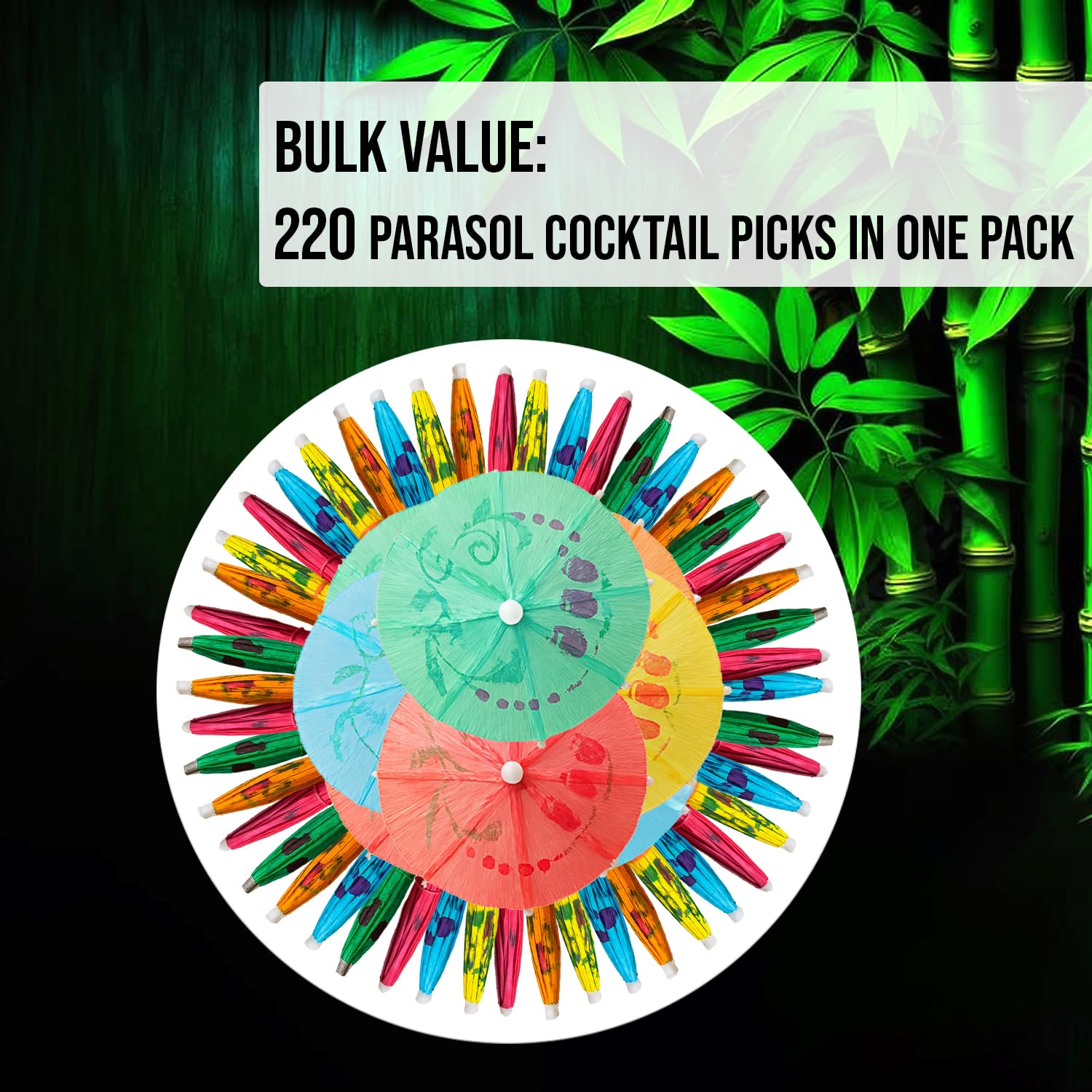 220Pcs Assorted Bamboo Wooden Cocktail Umbrella Picks - 3.9in (10cm) Colorful Parasol Toothpicks for Tropical Drinks, Cupcake Toppers, Tiki Bars, Pool Parties, Luaus, and Summer Events - by Mobi Lock