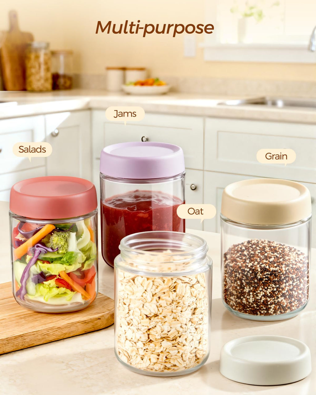 Overnight Oats Jars, Thyme Space 4 pack 500ml/16 oz Overnight Oatmeal Container with Lid for Homemade Yogurt Oatmeal Salad Jam Pudding