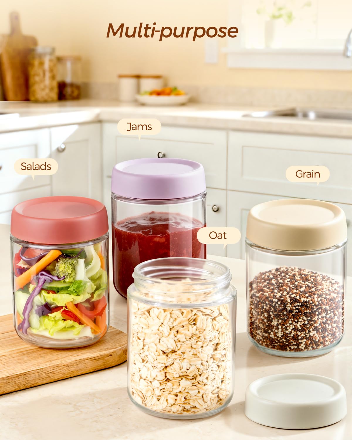 Overnight Oats Jars, Thyme Space 4 pack 500ml/16 oz Overnight Oatmeal Container with Lid for Homemade Yogurt Oatmeal Salad Jam Pudding