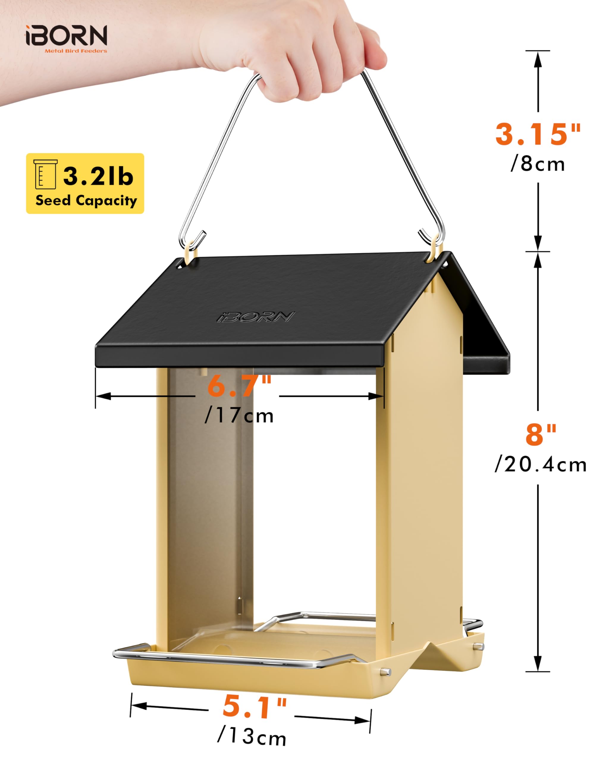 iBorn Bird Feeders for Outdoors,Bird Feeder with Weatherproof Metal Roof & 8 Drain Holes,Fully Detachable Birdfeeder Design,Easy Clean & Refill,Chew-Proof PC Windows,3.2 Lbs Capacity,Black Roof