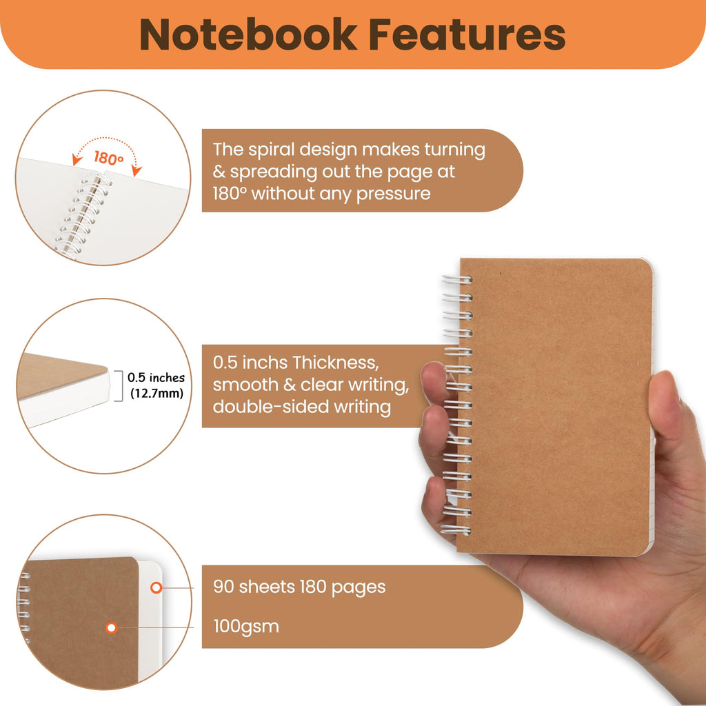 Spiral Notebook, 5 Pack Aesthetic Notebooks Spiral Journal Notepad Kraft Cover Lay Flat Sketchbook Journals for Writing Drawing Note Taking, 3.5”x5.5”, 180 Ruled Pages, 90 Sheets