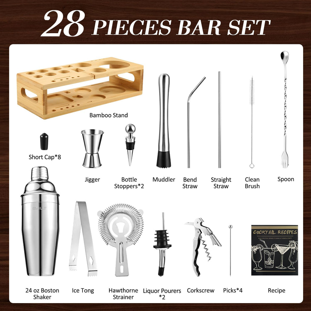 Mixology Bartender Kit Bar Set with Bamboo Stand, 28pcs 24oz Cocktail Shaker Set Cocktail Kit, Professional Stainless Steel Bar Tool Set
