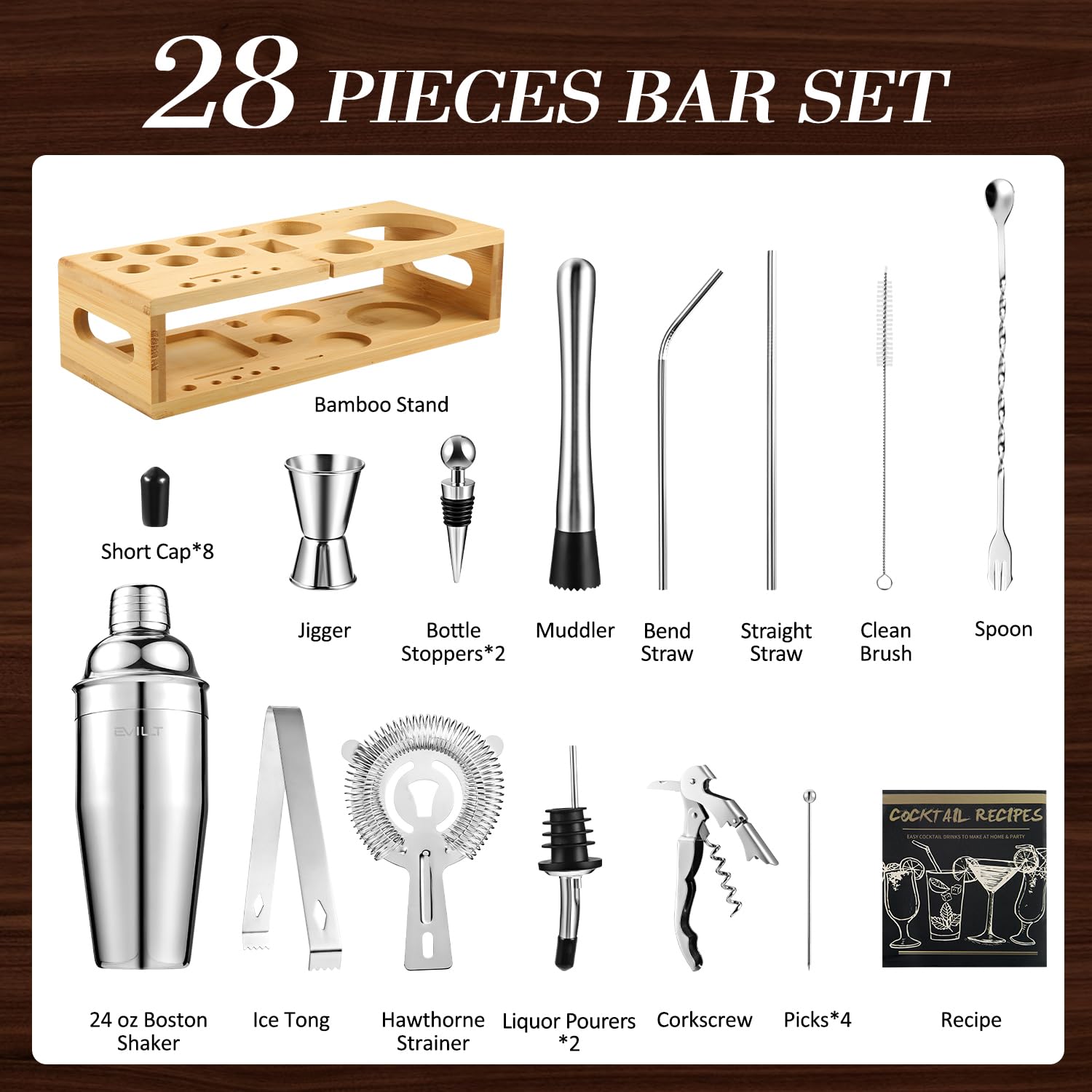 Mixology Bartender Kit Bar Set with Bamboo Stand, 28pcs 24oz Cocktail Shaker Set Cocktail Kit, Professional Stainless Steel Bar Tool Set