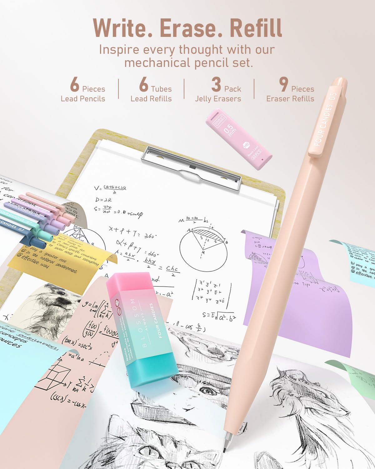 Four Candies 39 PCS Cute Stationery Set with Pencil Case, School Supplies with 5 Gel Pens & 6 Mechanical Pencils & 12 Highlighters, Essentials for College Students & Teen Girls/Boys (Cream)