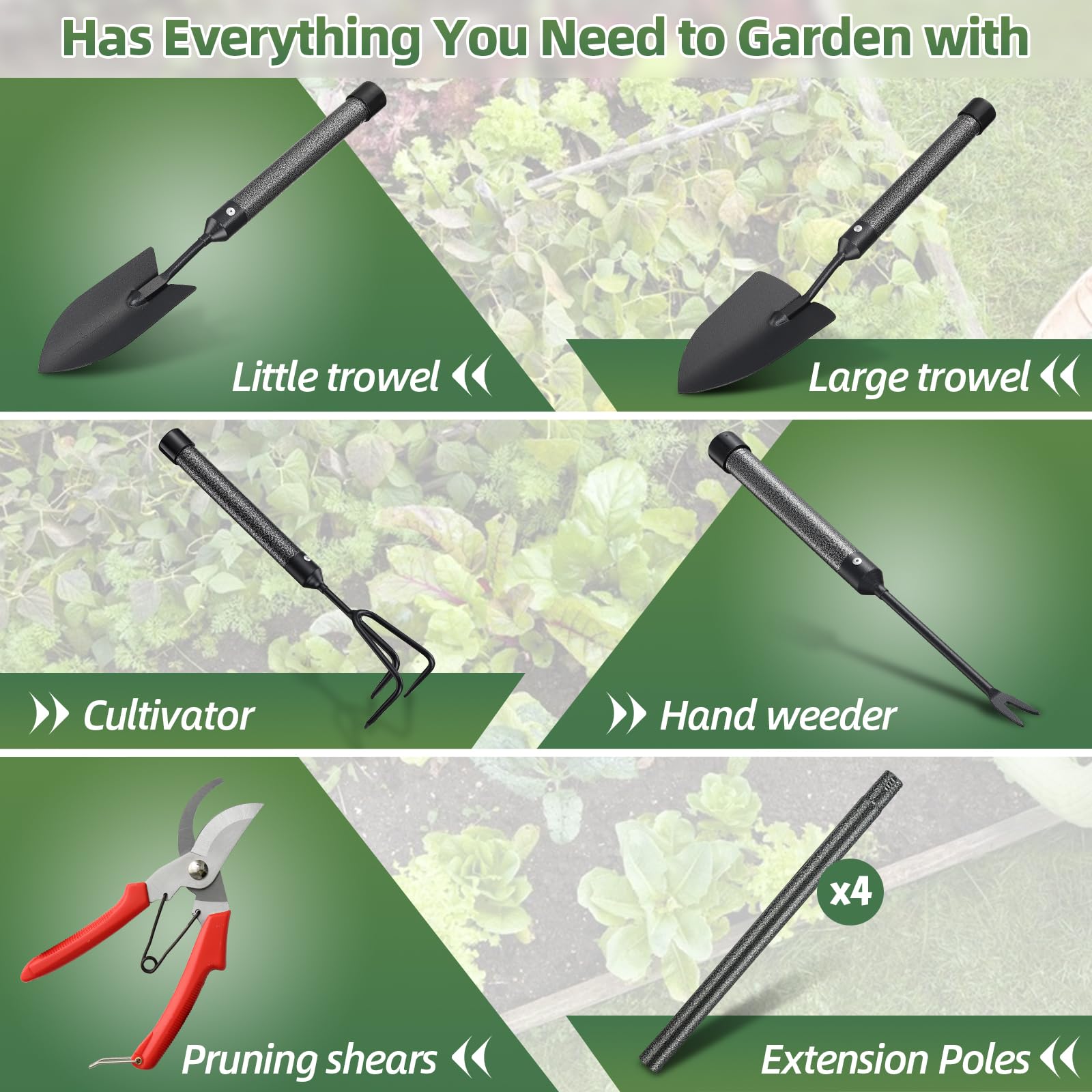 Garden Tools Set, 5Pcs Hand Garden Tools with Extensions, Rustproof Metal Gardening Tool Shovel Weeder Tiller Pruning Shear Gardening Supplies Gardening Gifts for Women Kids