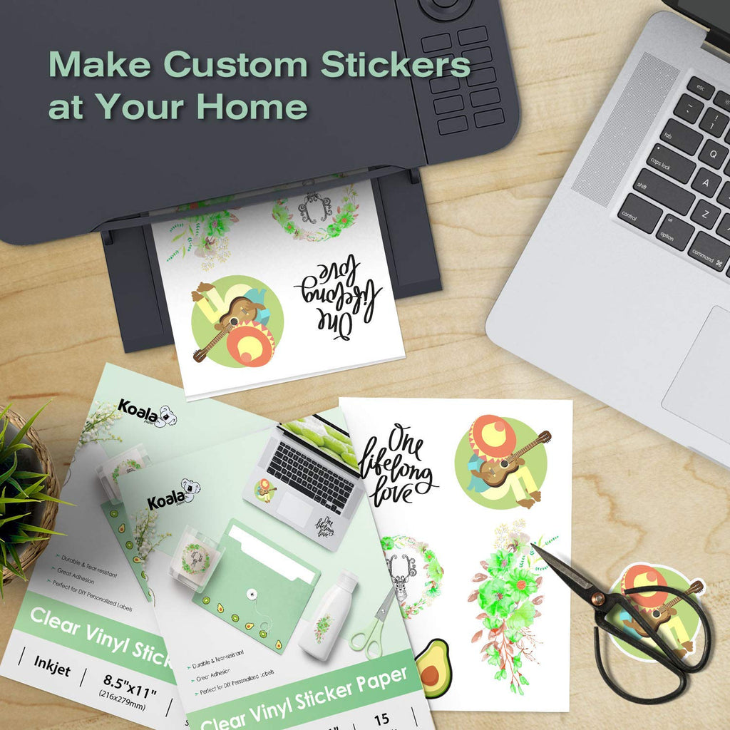 Koala Clear Sticker Paper for Inkjet Printer - Waterproof Clear Printable Vinyl Sticker Paper - 8.5x11 Inch 50 Sheets Transparent Glossy Sticker Paper for DIY Personalized Stickers, Labels, Decals
