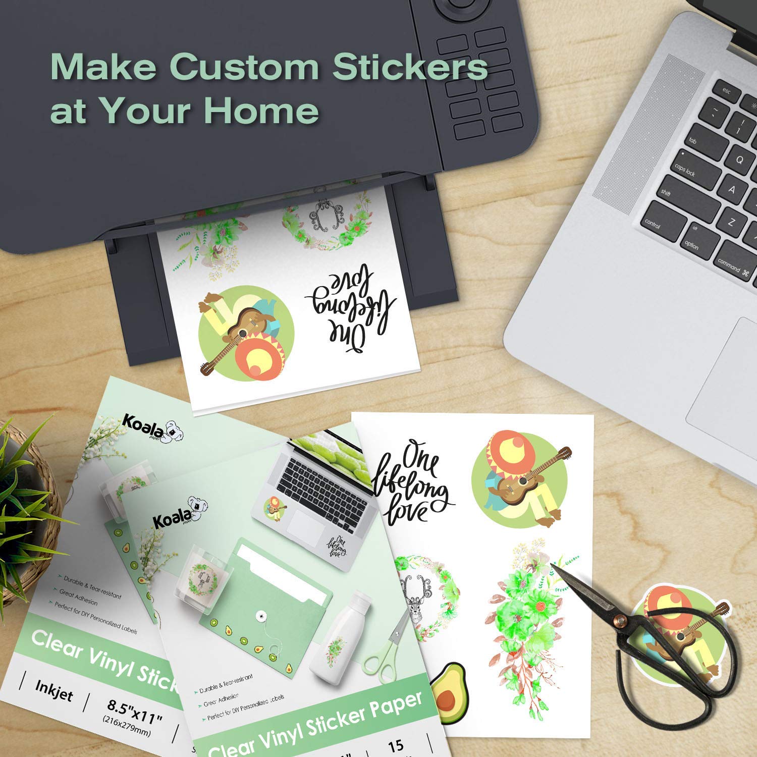 Koala Clear Sticker Paper for Inkjet Printer - Waterproof Clear Printable Vinyl Sticker Paper - 8.5x11 Inch 50 Sheets Transparent Glossy Sticker Paper for DIY Personalized Stickers, Labels, Decals