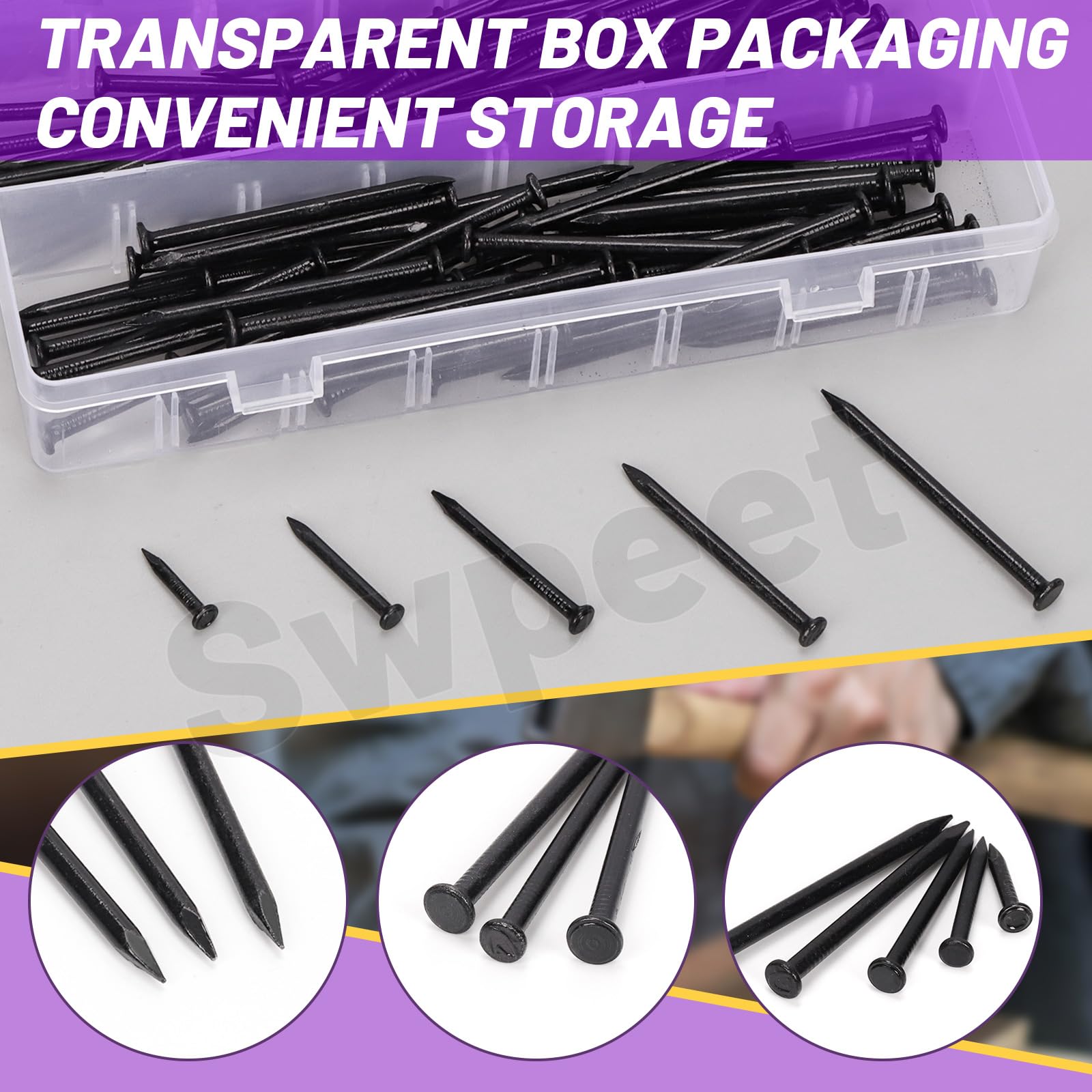 Swpeet 300Pcs 5 Sizes 3/4" 1-1/4" 1-3/5" 2" 2-3/8" Black Hardware Nails Assortment Kit，Steel Nail, Galvanized Nails, Small Nails, Finishing Nails, Wall Nails, Wood Nails, Nails for Concrete Brick