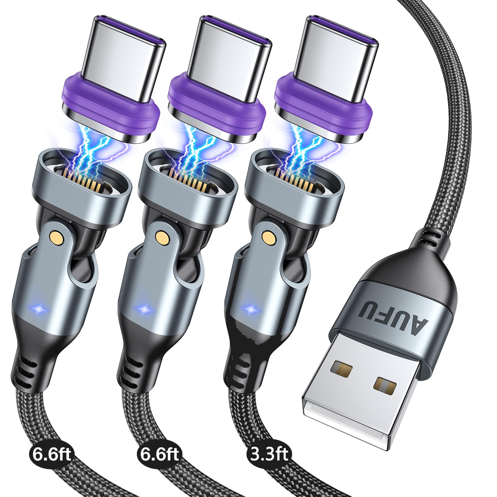 AUFU 16PIN Magnetic USB C Charging Cable (3Pack, 3.3/6.6/6.6ft), 180° Rotation Magnetic Charging Cable/Magnetic USB C Cable/Magnet Phone Charger/Date Transfer Cable for 1Phone16/15/Tablet/Laptop