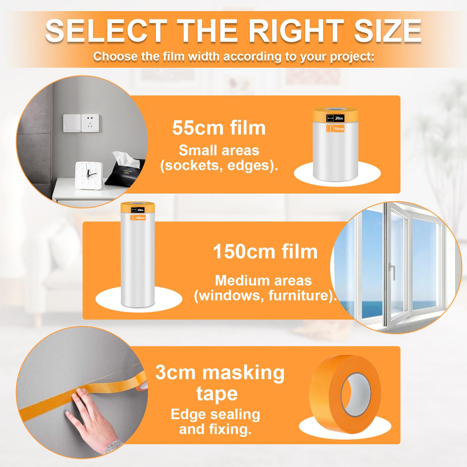 9Rolls Pre-Taped Masking Film Kit, 2 Sizes Self-Adhesive Painters Tape 22in×66ft/59in×66ft Paint Tape and Drape with 5Pcs Masking Tapes Pre-Taped Masking Paper for Painting Automotive DIY Project