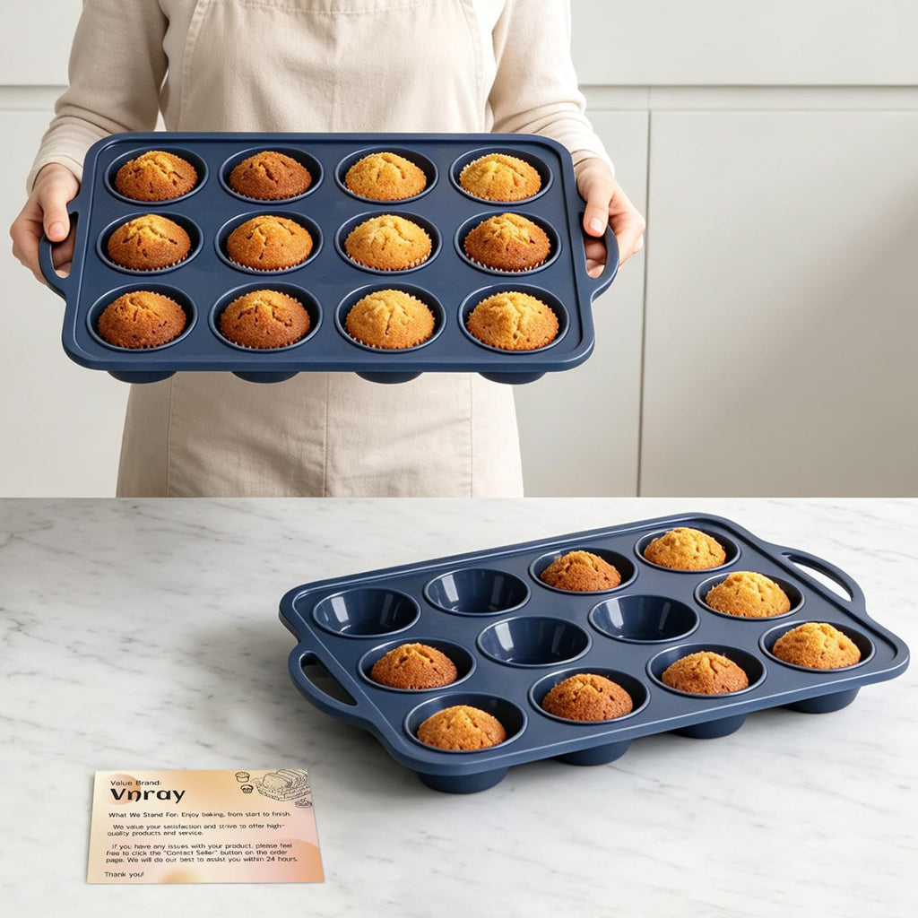 2 Pack Silicone Muffin Pan with Metal Frame, Non Stick Silicone Cupcake Pan with Handles Regular 12 Cup, BPA Free Silicon Muffin Tin Tray for Baking, Egg Bites, Cupcake Mold Grey