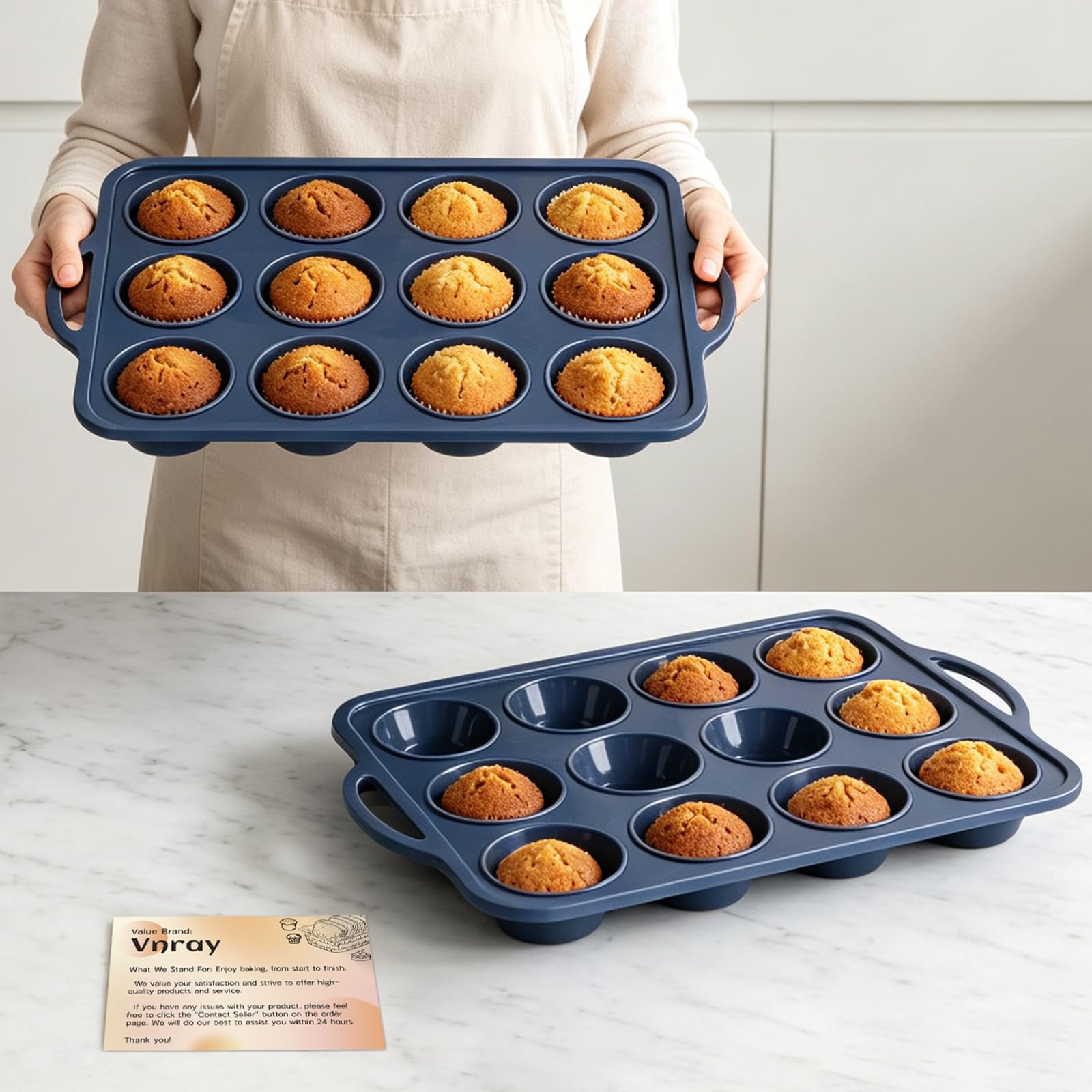 2 Pack Silicone Muffin Pan with Metal Frame, Non Stick Silicone Cupcake Pan with Handles Regular 12 Cup, BPA Free Silicon Muffin Tin Tray for Baking, Egg Bites, Cupcake Mold Grey