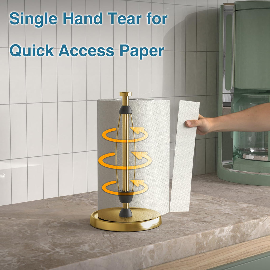 Paper Towel Holder Countertop, One-Handed Tear, Stainless Steel, Weighted Base, Porte Essuie Tout with Ratchet Mechanism for Kitchen Bathroom Decor Accessories, Gold