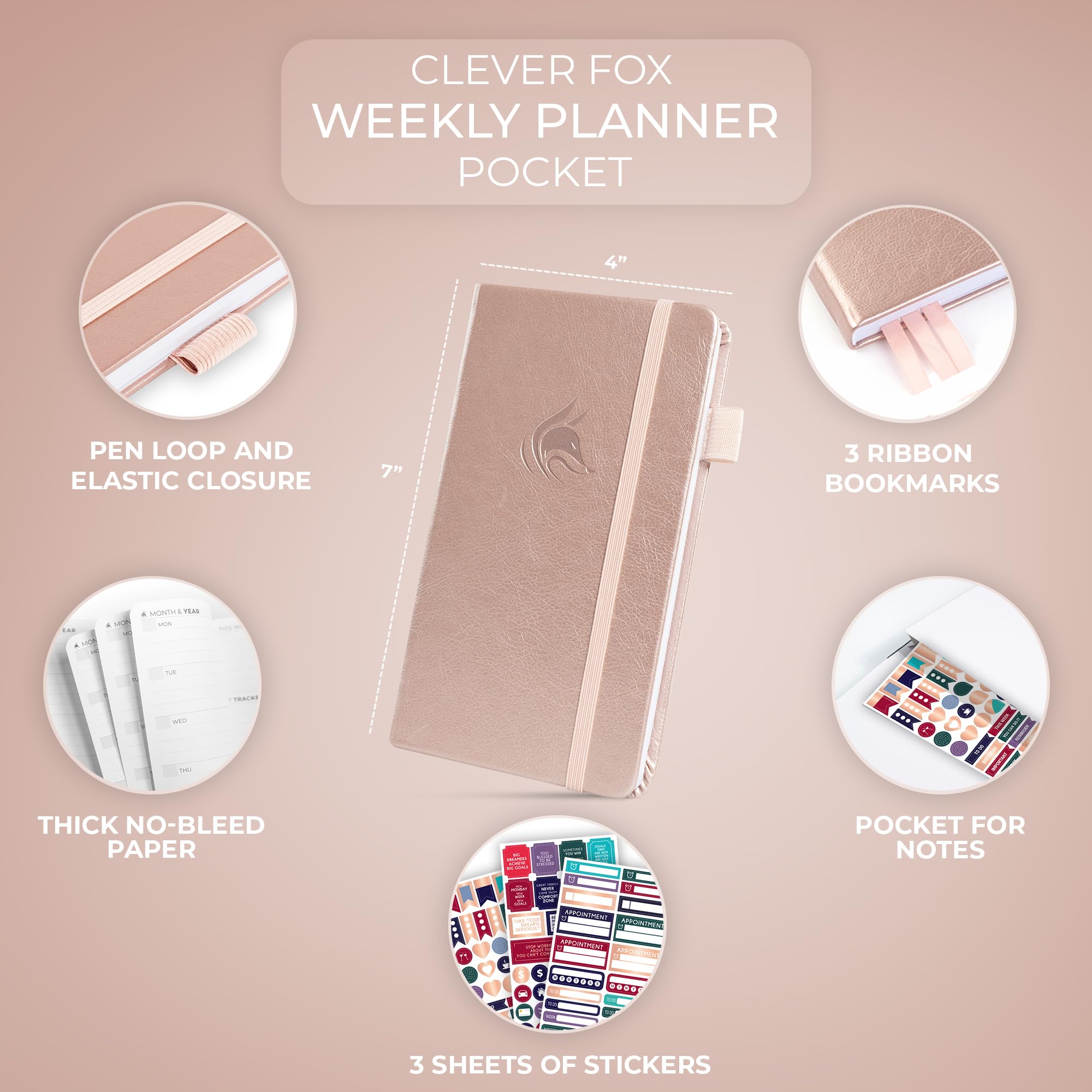 Clever Fox Pocket Planner Weekly – Undated Monthly Goal Planner and Calendar for Increasing Productivity, Mini Planner Perfect for Purse, Size: 3.7" x 6.7", Start Anytime, Lasts 1 Year – Rose Gold