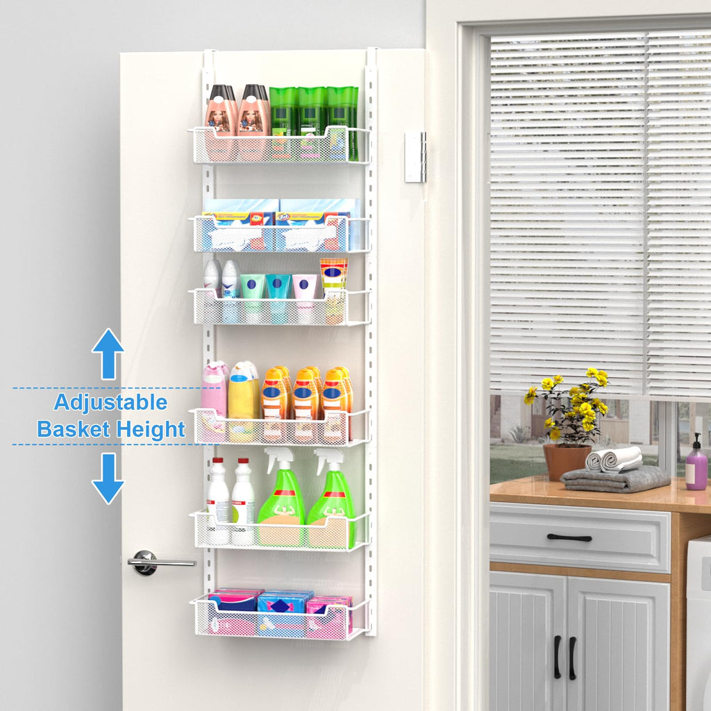 VyGrow 6-Tier 12.3" W Narrow Over the Door Pantry Organizer with Adjustable Basket, Pantry Door Organization for Pantry Kitchen Storage Room Spice Rack, White
