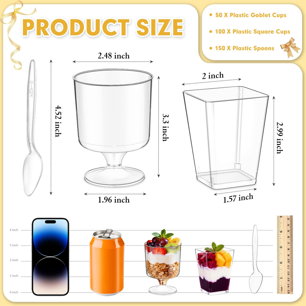 mwellewm 300 Pack Mini Plastic Dessert Cups with Spoons, 5 OZ Square Parfait Glasses for Party, Reusable Fruit Ice Cream Pudding Appetizer Bowls