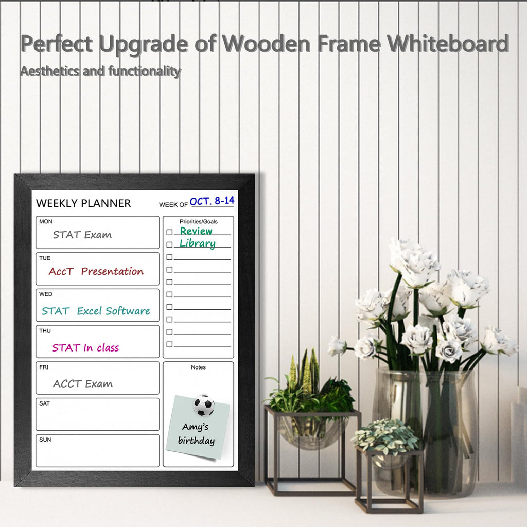 Dry Erase White Board &Weekly Calendar Board, Magnetic Whiteboard for Wall,13“x17 Solid Wood Black Framed Message Board, Planner Board for Office, Home（Weekly-BB-BK-3343