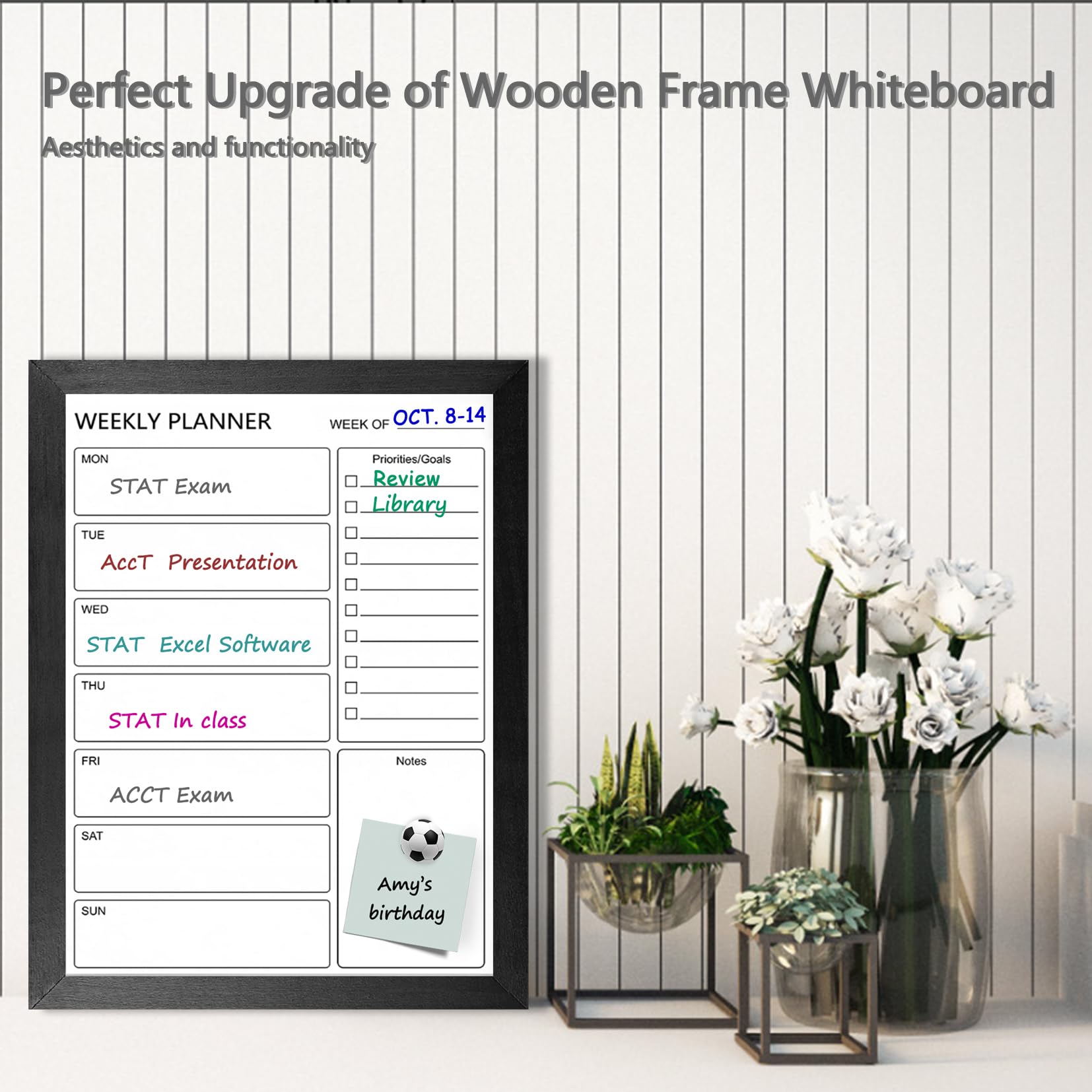 Dry Erase White Board &Weekly Calendar Board, Magnetic Whiteboard for Wall,13“x17 Solid Wood Black Framed Message Board, Planner Board for Office, Home（Weekly-BB-BK-3343