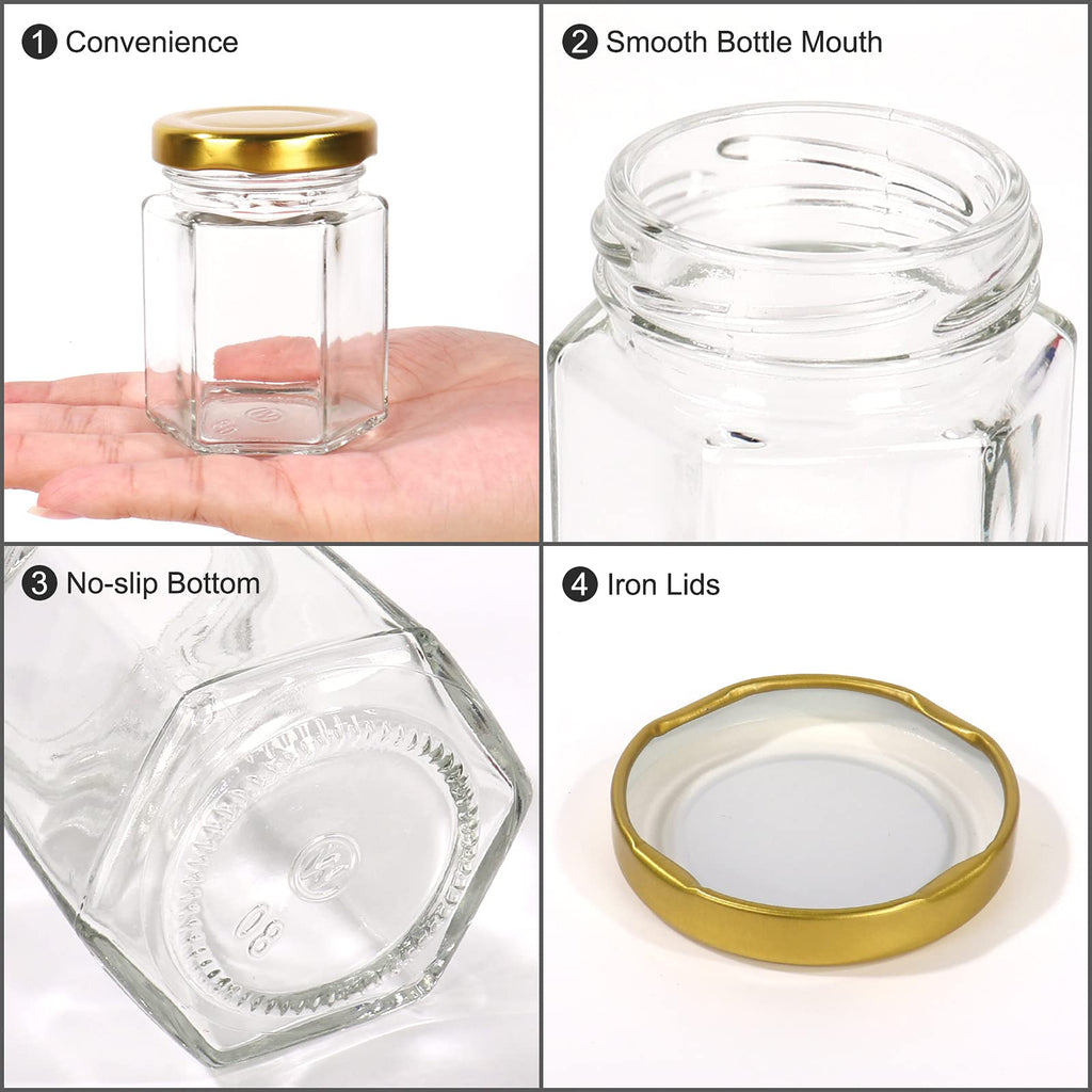 BIGIVACA 30 Pack 3 oz (90 ml) Hexagon Glass Jars with Gold Lids – Clear Mini Mason Jars for Canning, Honey, Jams, Herbs, Wedding Favors, Crafts – Includes 1 Pen + 80 Labels
