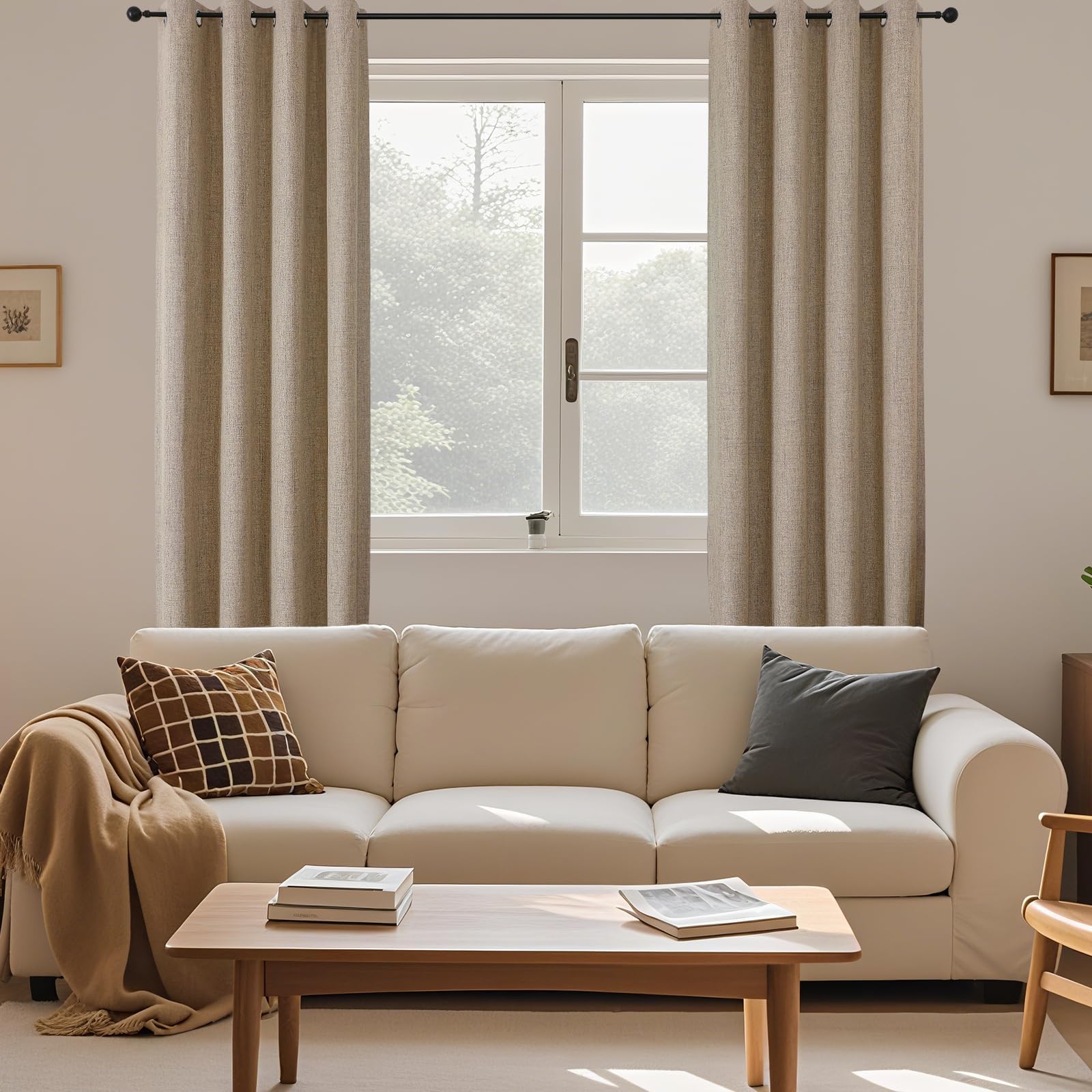 CUCRAF 100% Blackout Window Curtains 84 inches Long 2 Panels Set, Faux Linen Look Thermal Insulated Grommet Drapes, Room Darkening Curtain for Bedroom Living Room(W52 x L84 Inch, Light Khaki)