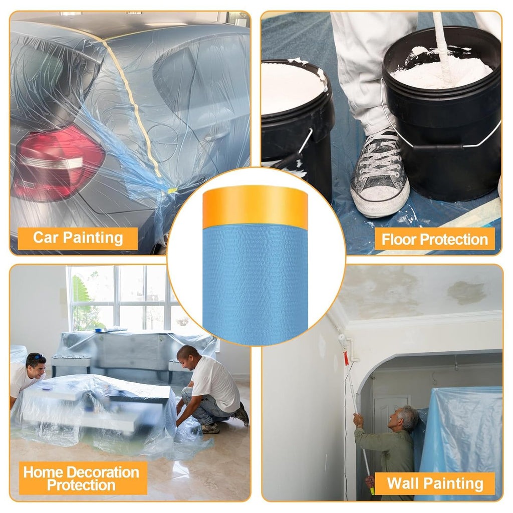 Pre-Taped Masking Film for Painting - 60" x 66' Painters Plastic Sheeting with Automotive Paint Tape and Drape for Covering Cars, Walls, Windows and Furniture Protection (3 Rolls)