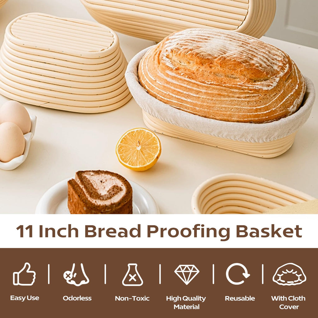 TAPANFAI 2 Pack Oval Bread Proofing Basket, 10 inch Sourdough Bannetons Bortform Proving Rattan Basket with Linen Liner Cloth, Bread Basket, Great for Professional