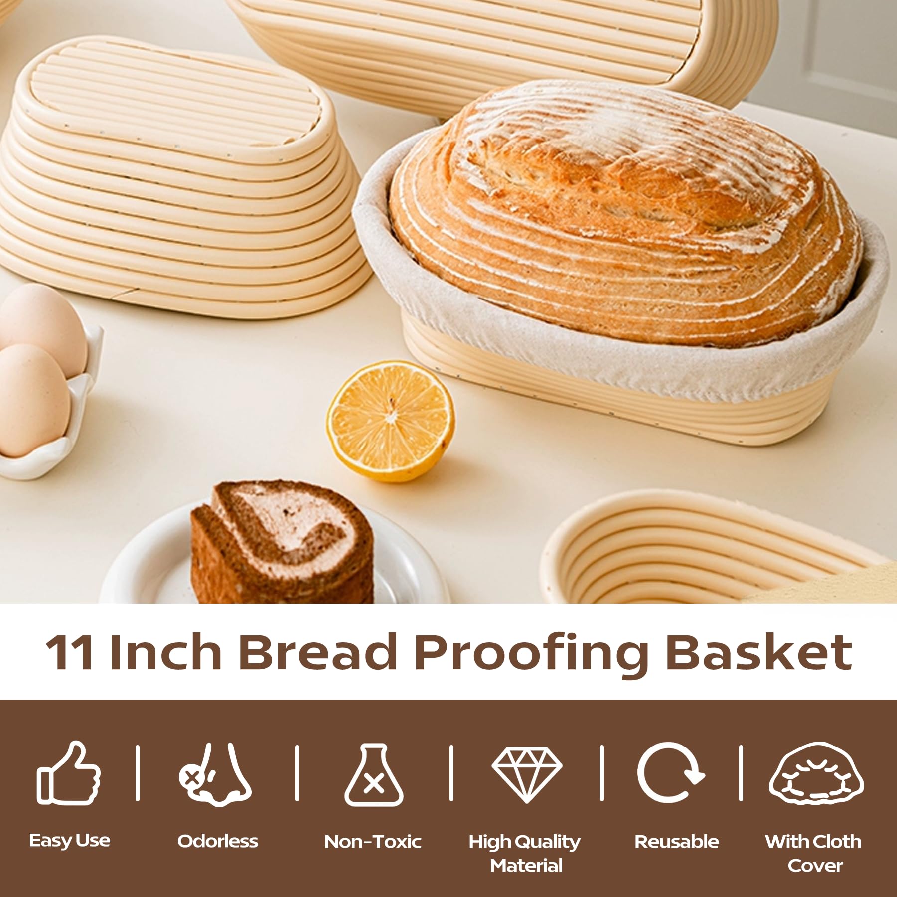 TAPANFAI 2 Pack Oval Bread Proofing Basket, 10 inch Sourdough Bannetons Bortform Proving Rattan Basket with Linen Liner Cloth, Bread Basket, Great for Professional