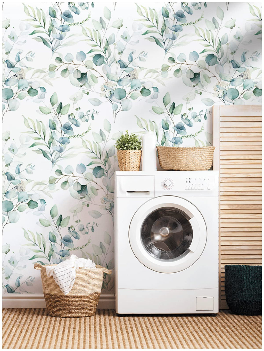 HaokHome Peel and Stick Wallpaper Green/White Eucalyptus Leaf Wall Mural Home Nursery Decor 44.5cm x 3m