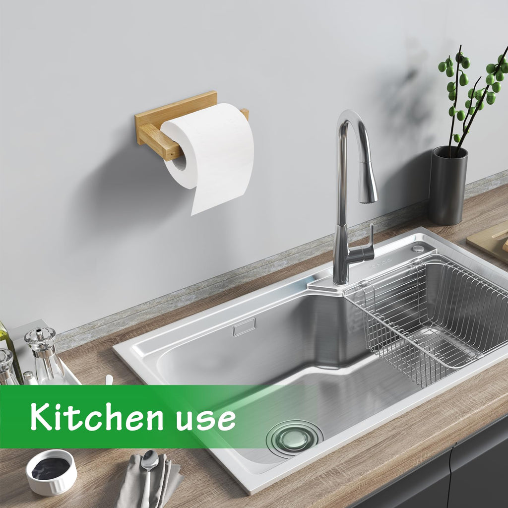 Free Drilling Bamboo Wall-Mounted Toilet Paper Holder Self-Adhesive or Screw Toilet Tissue Roll Holder for Bathroom and Kitchen