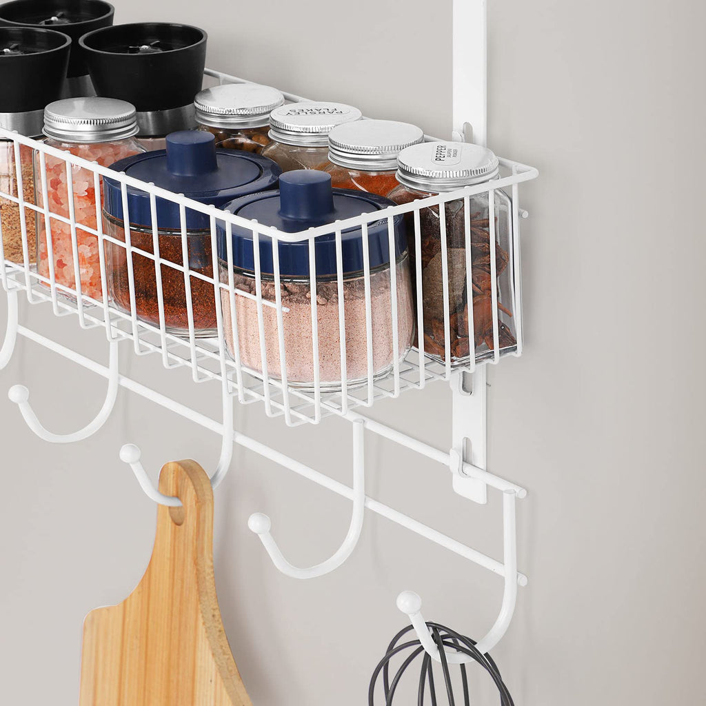 OYEAL Over The Door Basket Organizer 3 Tier Hanging Kitchen Storage Rack Heavy Duty Pantry Organizer with 3 Basket and 5 Hooks Door Back Metal Wire Basket for Kitchen, Bathroom, Office, White