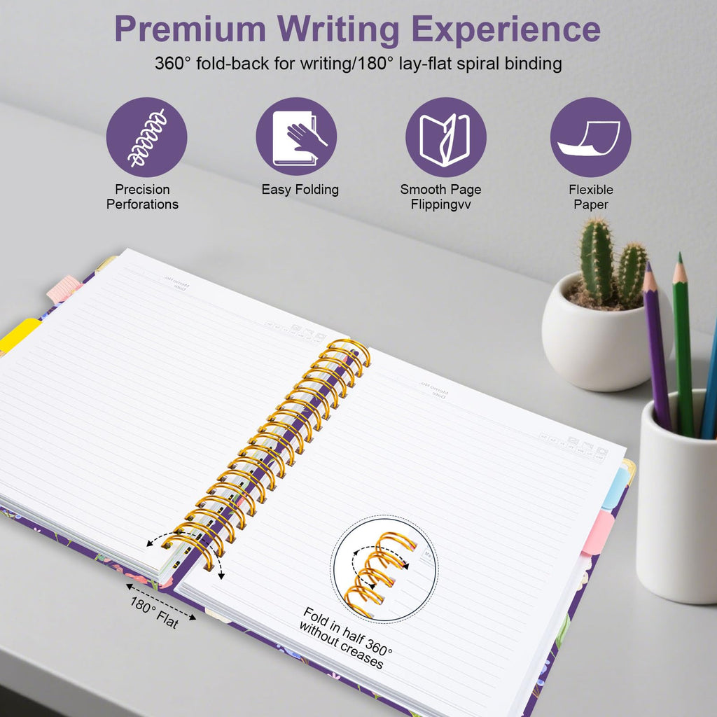 Spiral Journal Notebooks for Work, 300 Pages 5 Subject Notebook College Ruled with Dividers & Tabs, Notebook Journal for Women Students Note-Taking and Organizer (Purple Floral, B5(8"x10"))