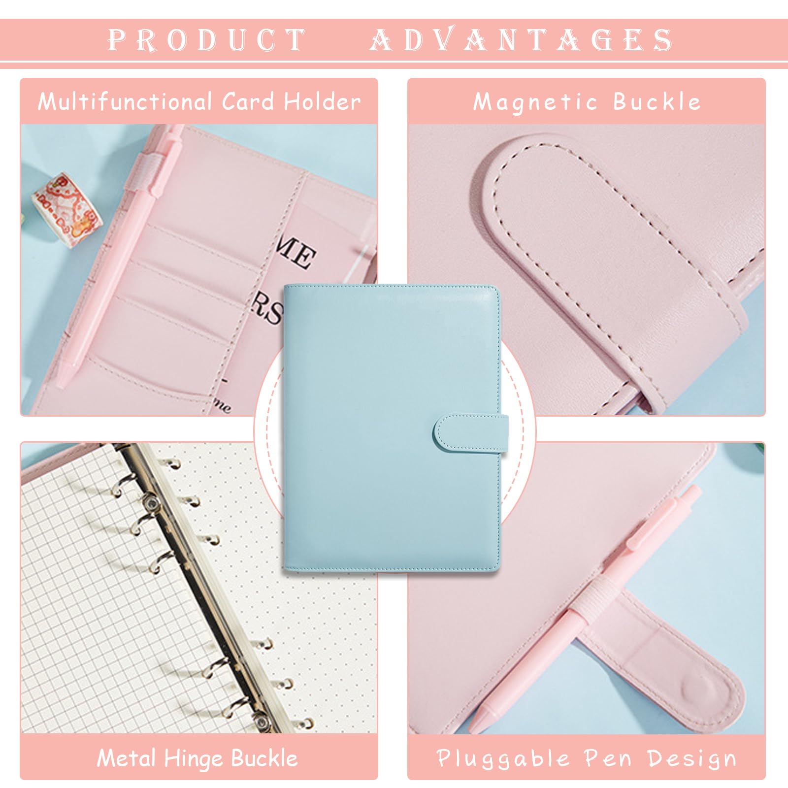 A5 Ring Binder, 6 Ring PU Leather Loose Leaf Notebook Planner Notebook Cover with 45 Sheets A5 Lined Paper, Binder Dividers for School Office Meetings,Blue