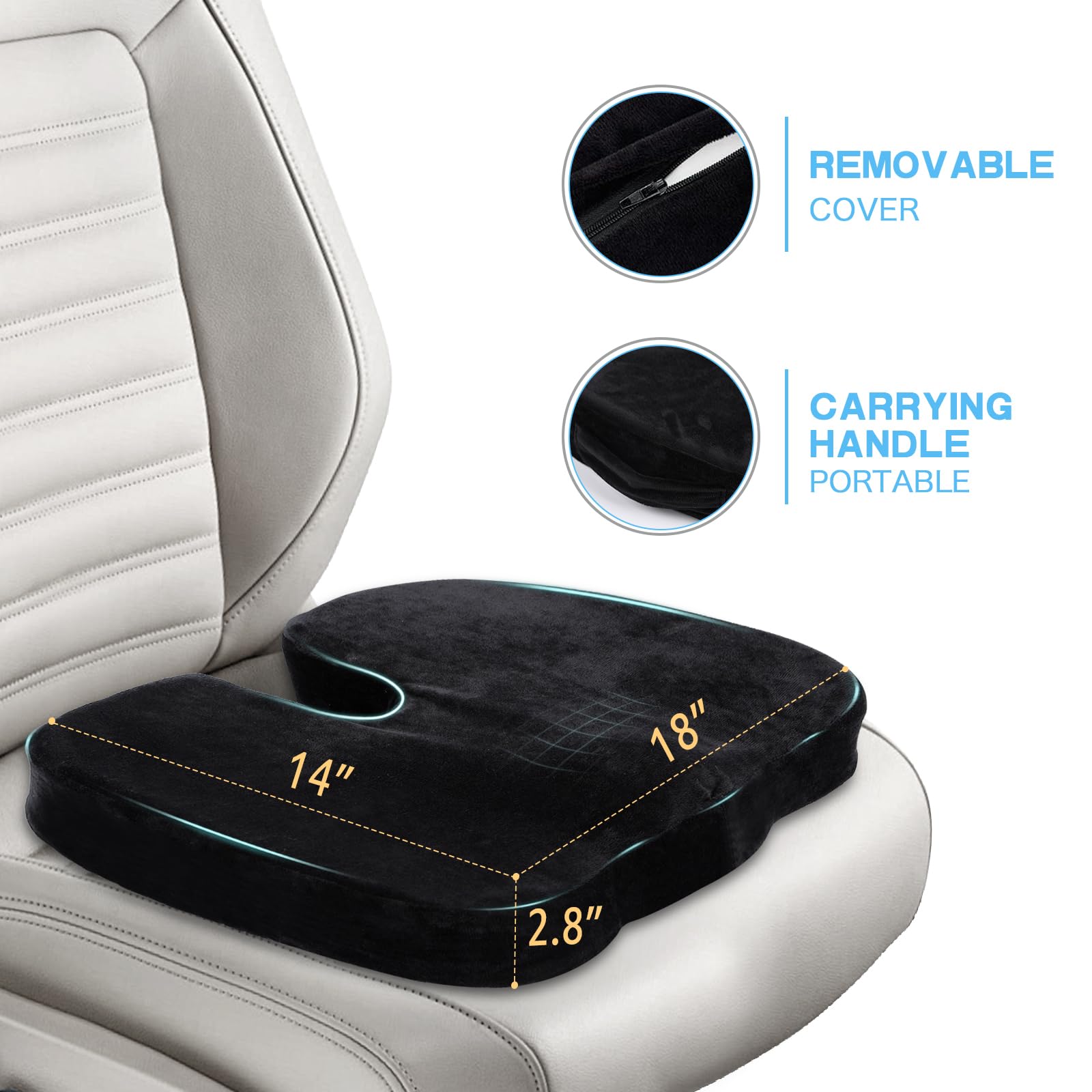 Fenshunder Seat Cushion for Sciatica Relief – Large Ergonomic Memory Foam Pad for Lower Back & Tailbone Support – Orthopedic Cushion for Car, Office Chair, Truck & Wheelchair (Black)