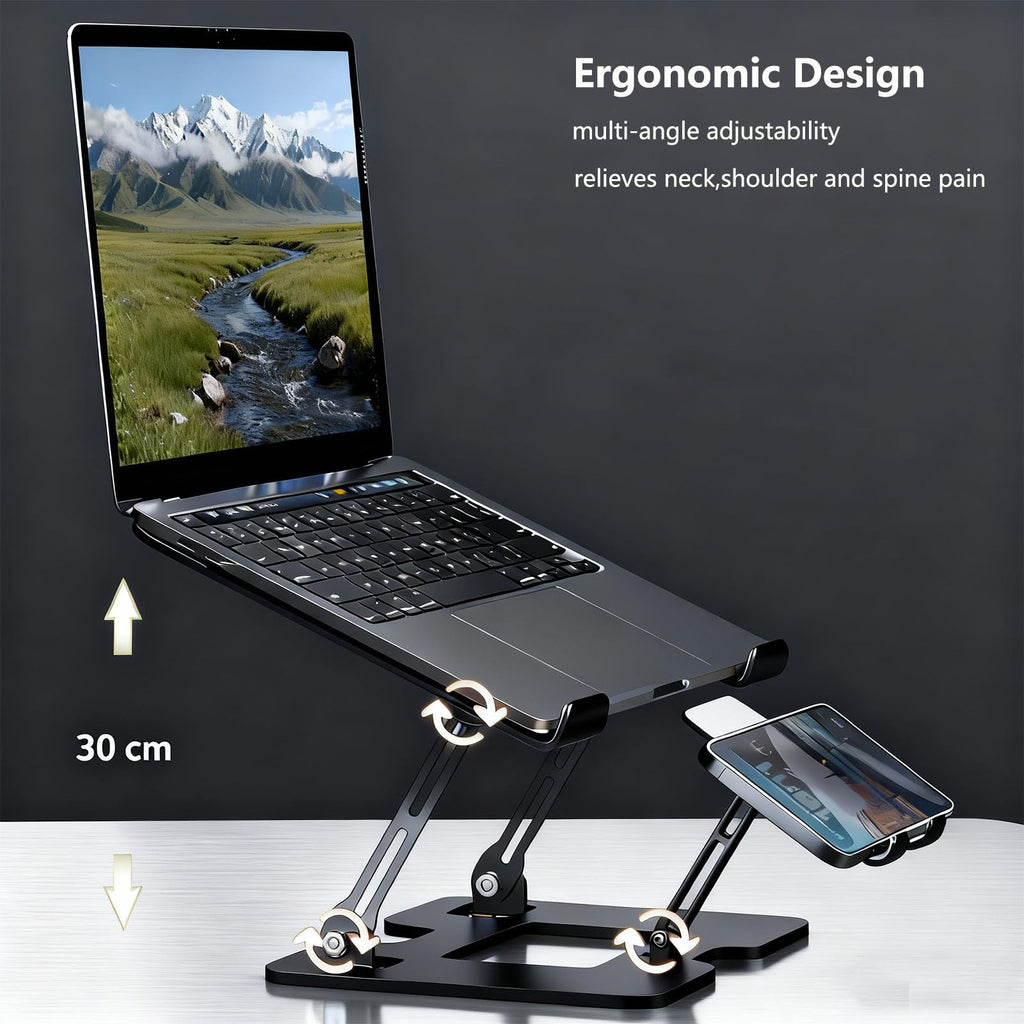 Ergonomic 2-in-1 Laptop Cooling Stand with Phone Holder, Portable Laptop Riser, Laptop Stand for Desk Foldable, Computer Notebook Stand Holder, Fits All Laptops up to 10-17.3''