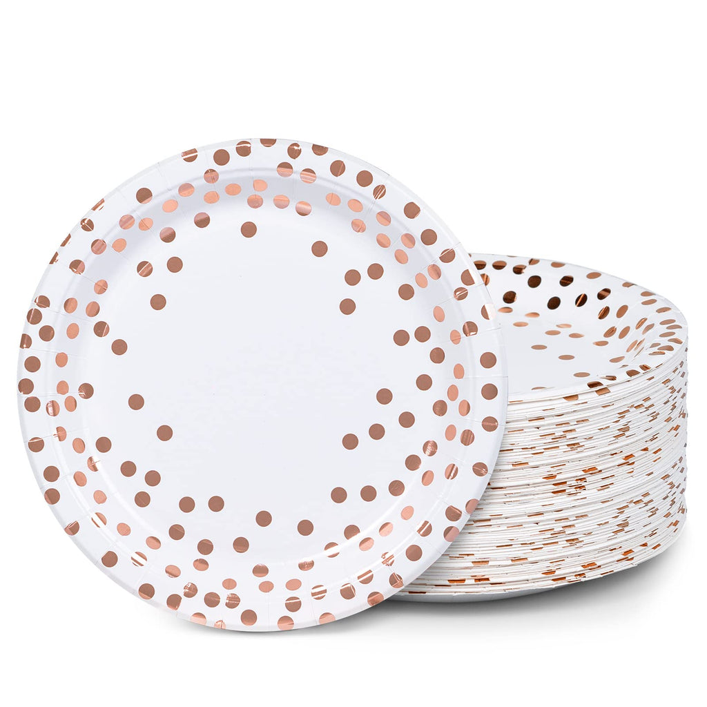 MATICAN 100-Pack Disposable Paper Plates, 9-Inch White & Rose Gold with Foil Polka Dots