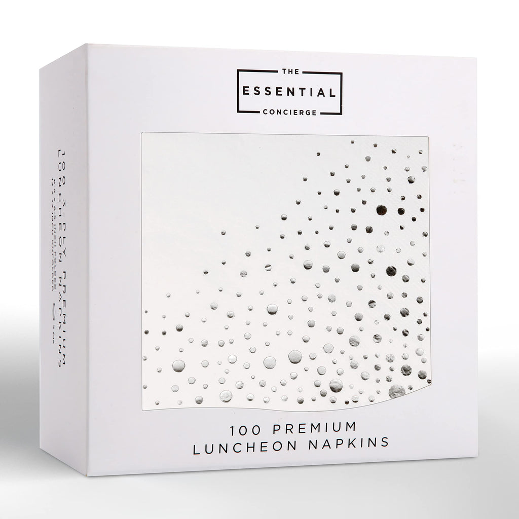 Stylish 6.5 x 6.5 Inch Silver Napkins - 100 Pack of White and Silver Lunch Napkins - Add Sparkle to Your Event with Party Napkins - Disposable 3 Ply Wedding Napkins for Reception