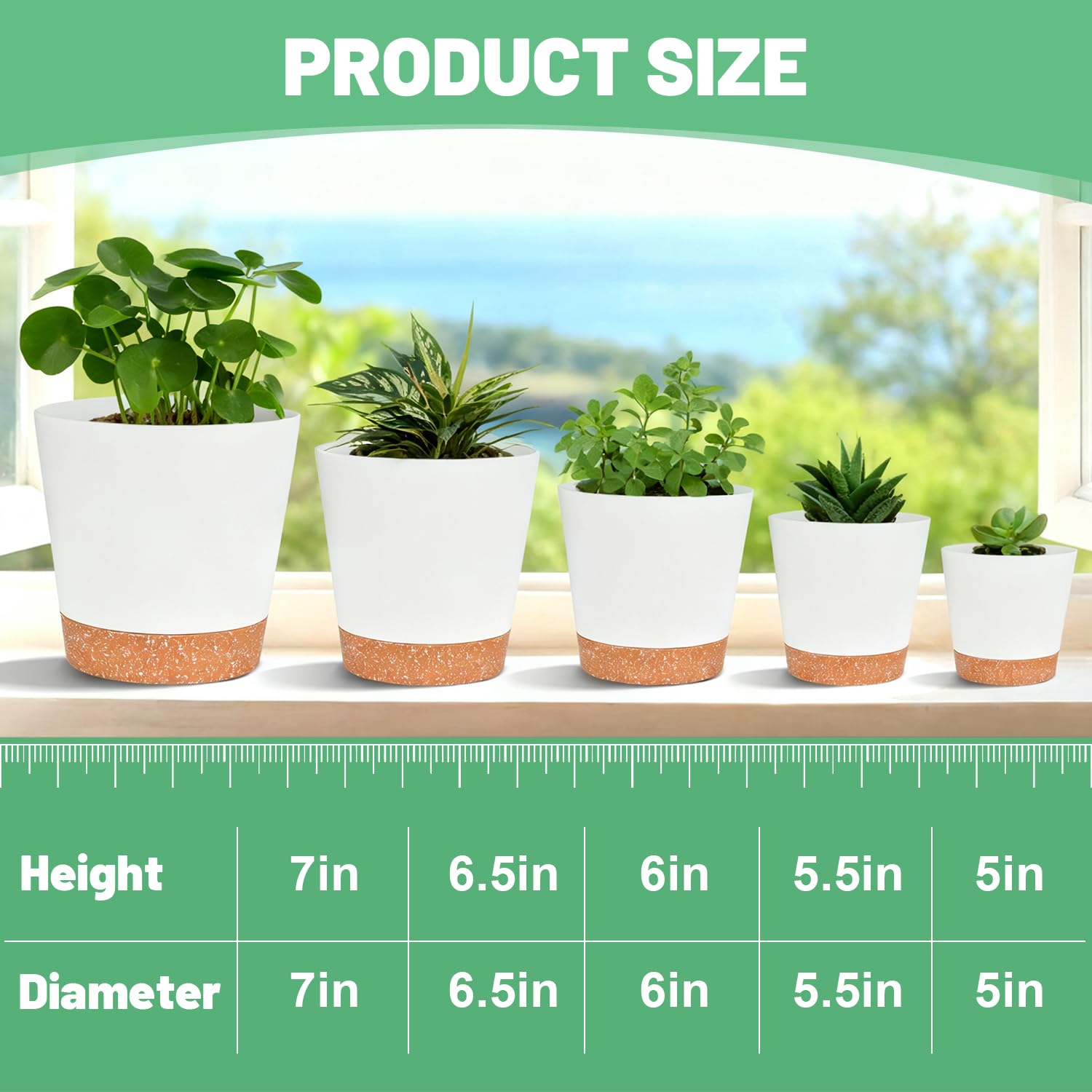 Plant Pots 5 Pack 7+6.5+6+5.5+5 Inch, Self Watering Planters with Drainage Hole, Plastic Plant Pots Indoor Decorative Modern Planting for Various Plants, Planters for Indoor Plants